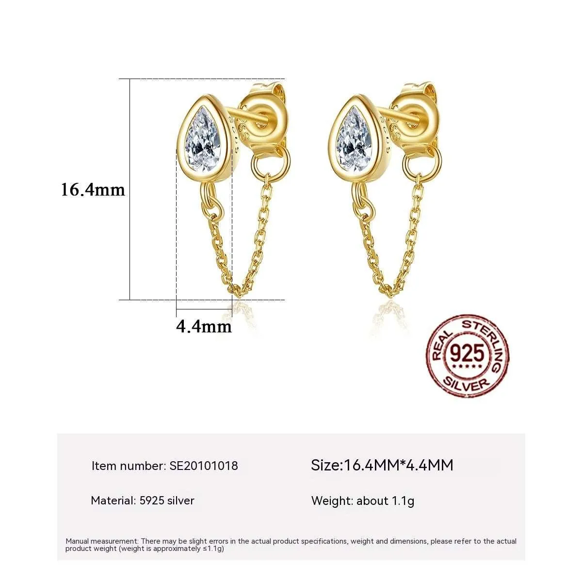 925 Silver Drop Chain Stud Earrings French Zircon