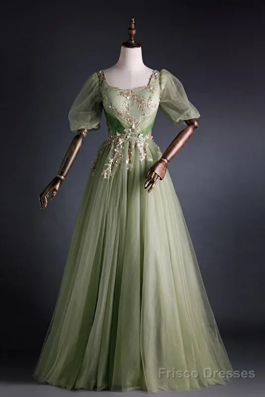 A Line Green Applique Prom Dress Sweet Tulle Birthday Party Dress
