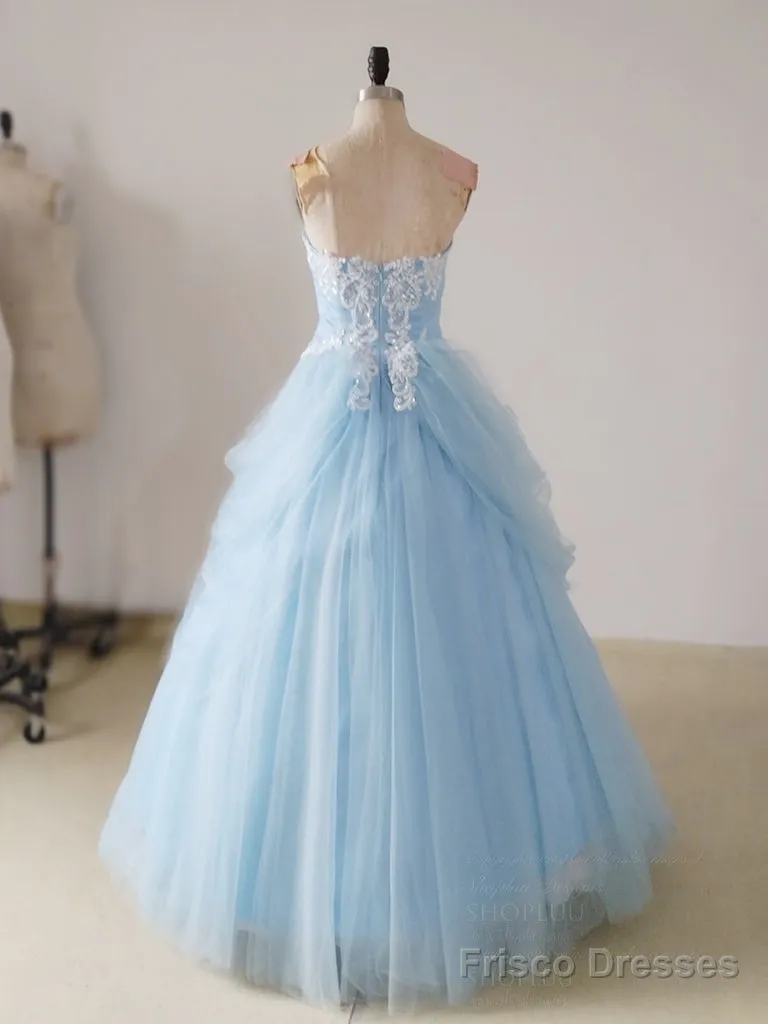 A-Line Sweetheart Neck Lace Blue Long Prom Dress, Blue Long Sweet 16 Dress