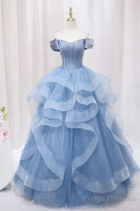 Adult Dress A-Line Blue Sheer Long Ball Dress Blue Sweet Dress Off Shoulder Prom Dresses