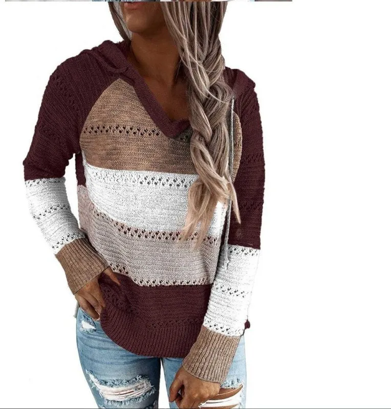 Autumn Winter Sweaters Women Hollow Long Sleeve Sweater Hoodie Tops V Neck Patchwork Casual Knitted Elegant Pullover Jumper