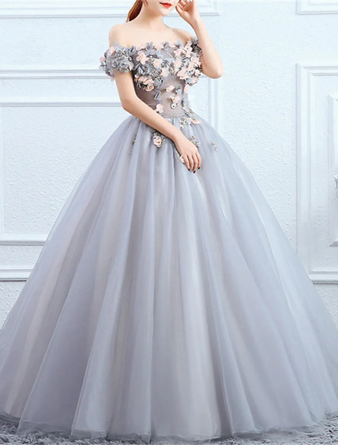 Ball Gown Quinceanera Dresses Princess Dress Performance Sweet 16 Floor Length Short Sleeve Off Shoulder Polyester with Appliques