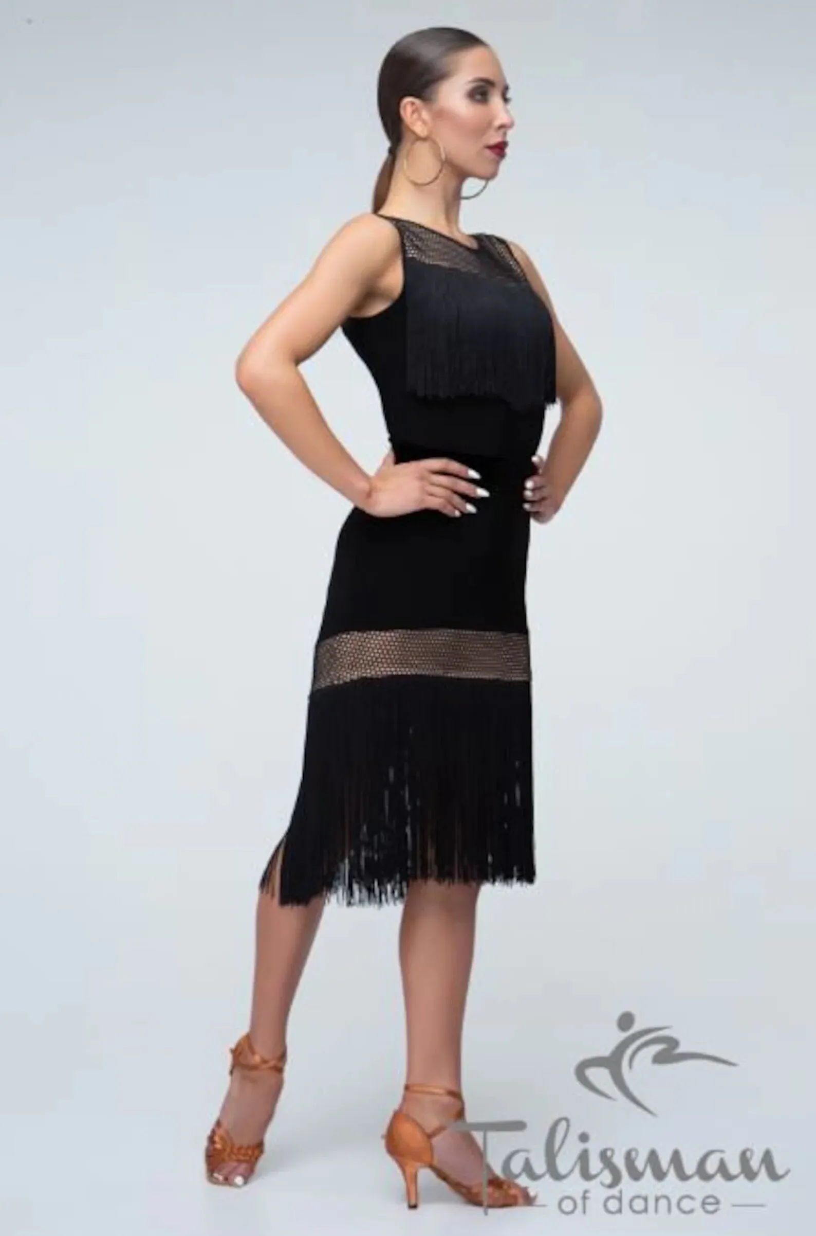 Black bodysuit for dancing with a long fringe on the chest. Mesh Workout Bodysuit