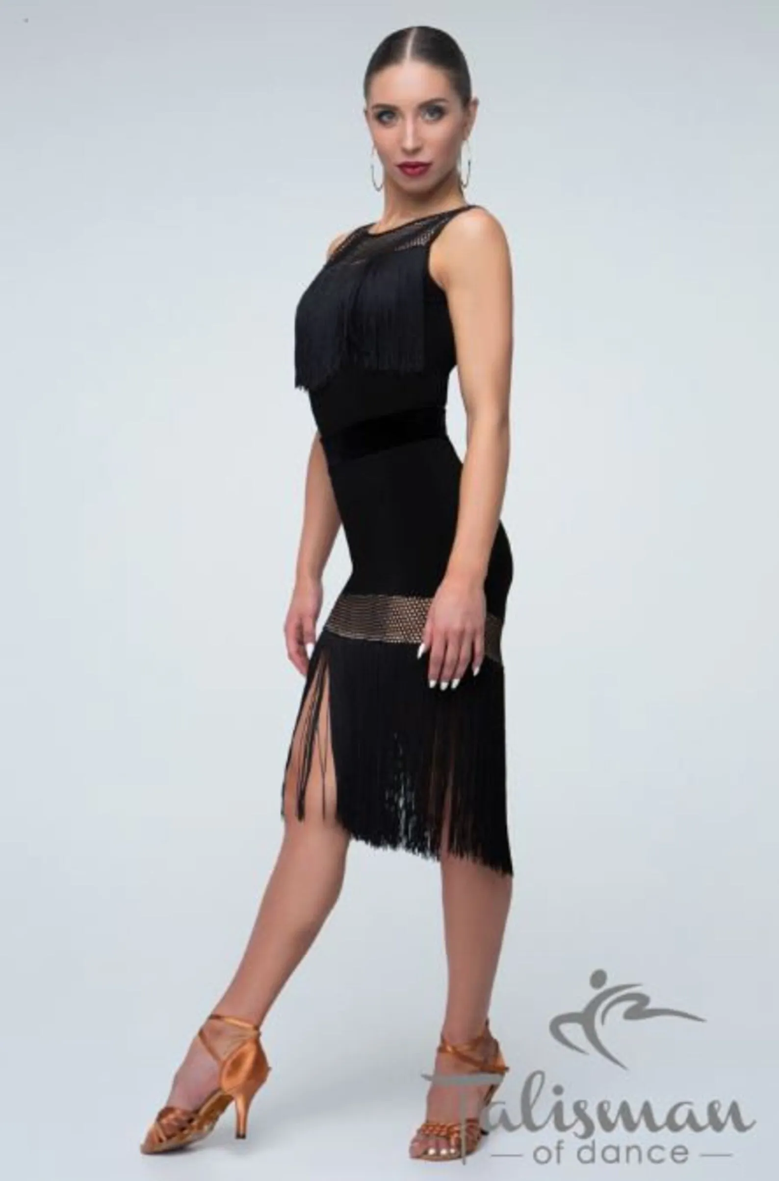 Black bodysuit for dancing with a long fringe on the chest. Mesh Workout Bodysuit