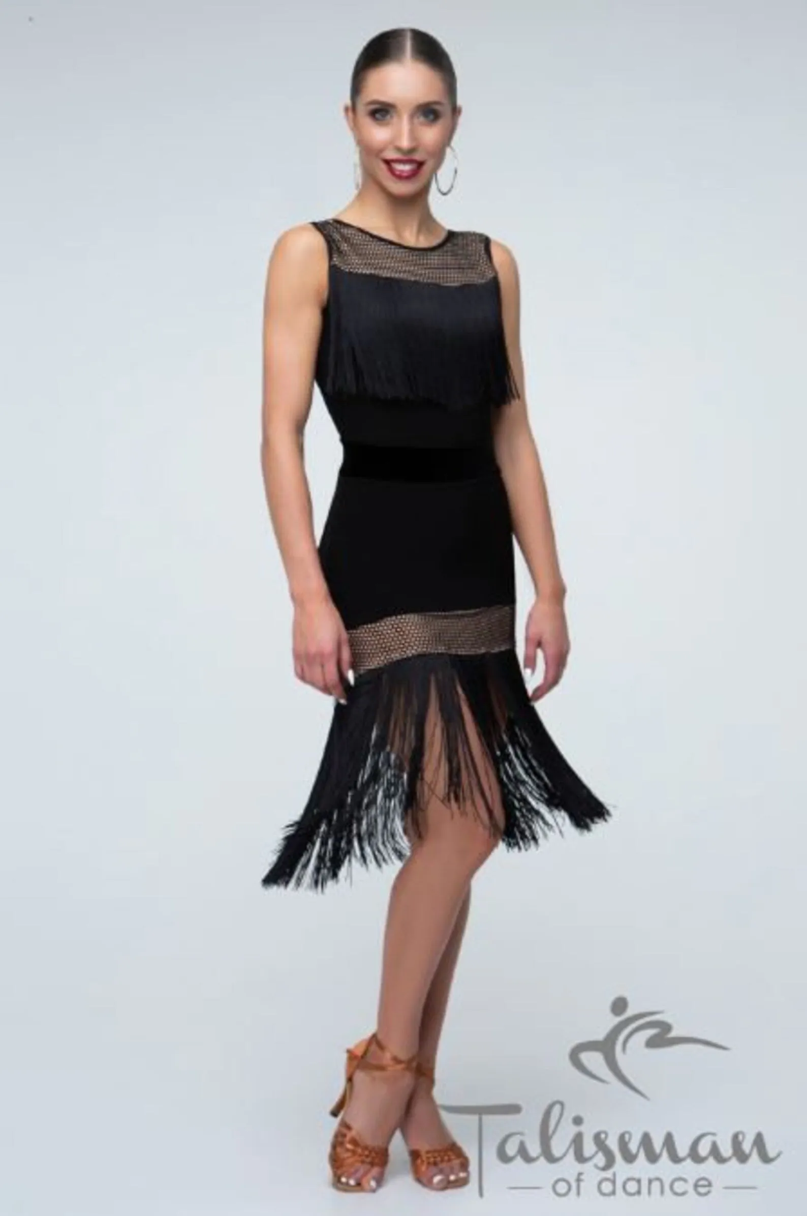 Black bodysuit for dancing with a long fringe on the chest. Mesh Workout Bodysuit