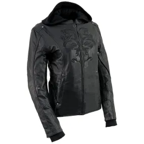 BLACK ML2066 Women's 3/4 Black Leather Hoodie Jacket with Reflective Tribal Design