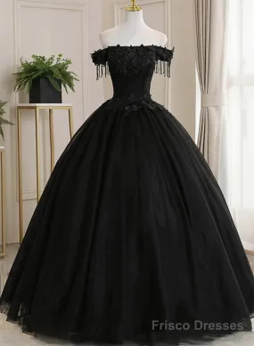 Black Off Shoulder Sweet 16 Formal Dress With Lace, Black Long Prom Dress