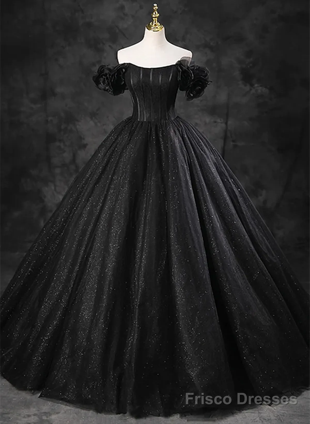 Black Off Shoulder Tulle Lace-Up Sweet 16 Dress, Black Long Party Dress Prom Dress