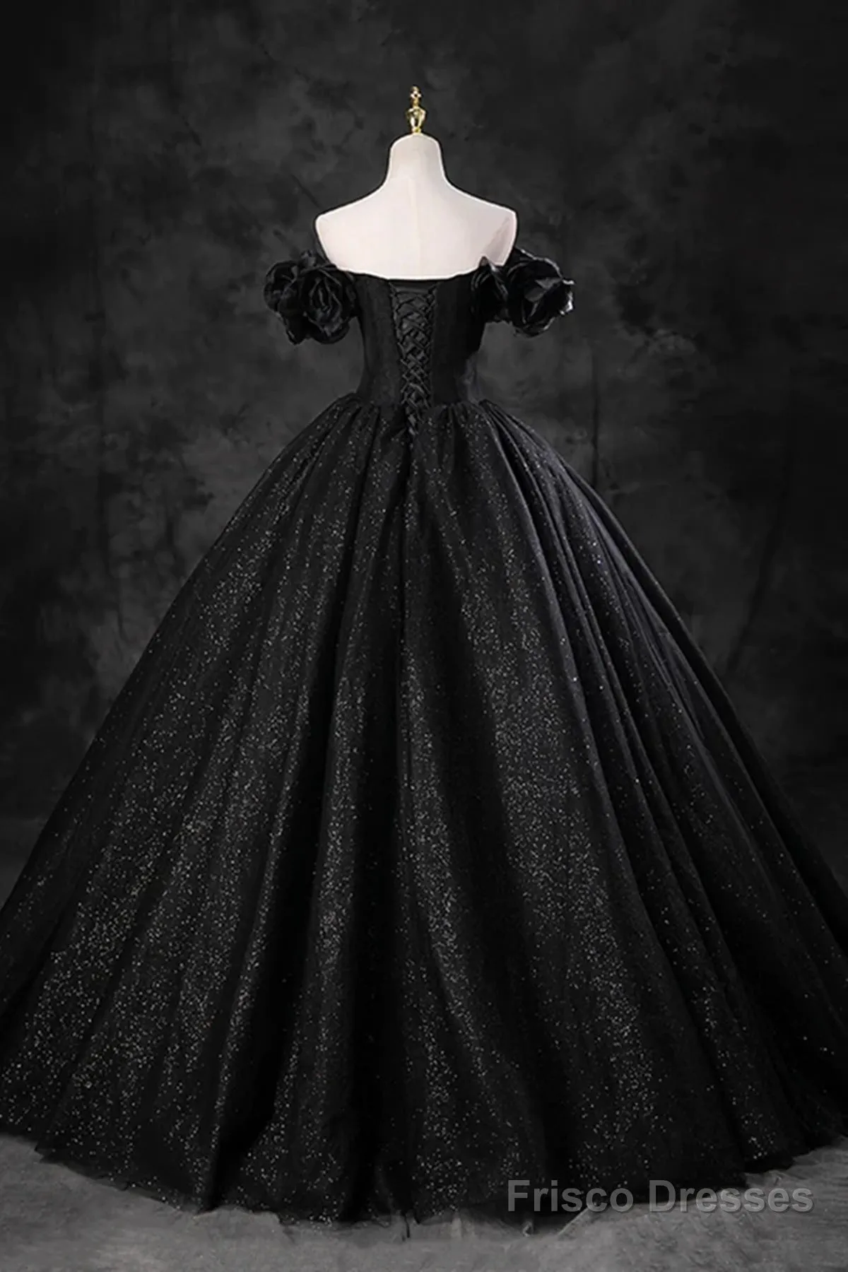 Black Off Shoulder Tulle Lace-Up Sweet 16 Dress, Black Long Party Dress Prom Dress
