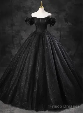 Black Off Shoulder Tulle Lace-Up Sweet 16 Dress, Black Long Party Dress Prom Dress