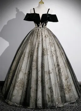 Black Off Shoulder Tulle With Lace Long Formal Dress, Black Sweet 16 Dress