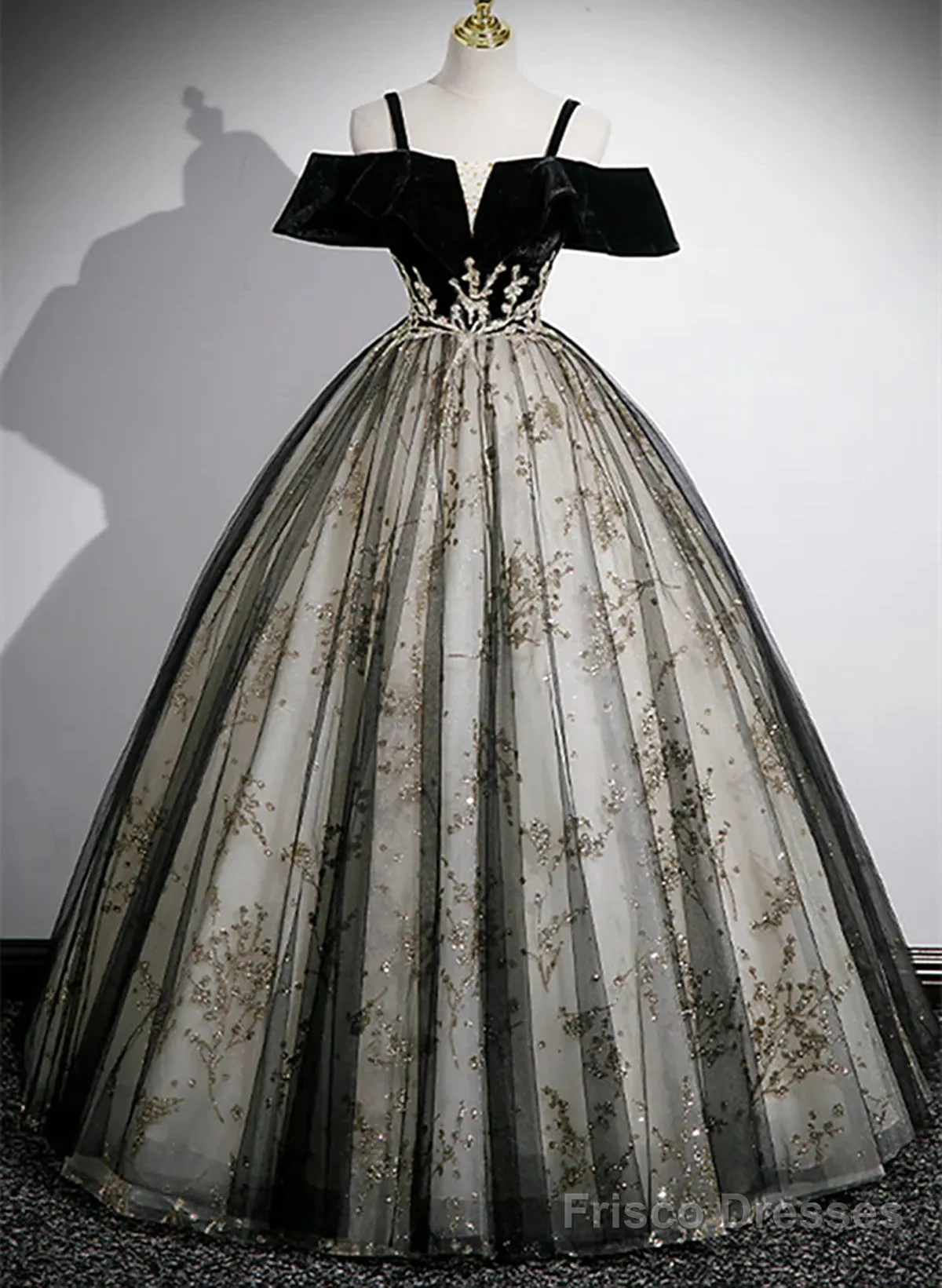 Black Off Shoulder Tulle With Lace Long Formal Dress, Black Sweet 16 Dress
