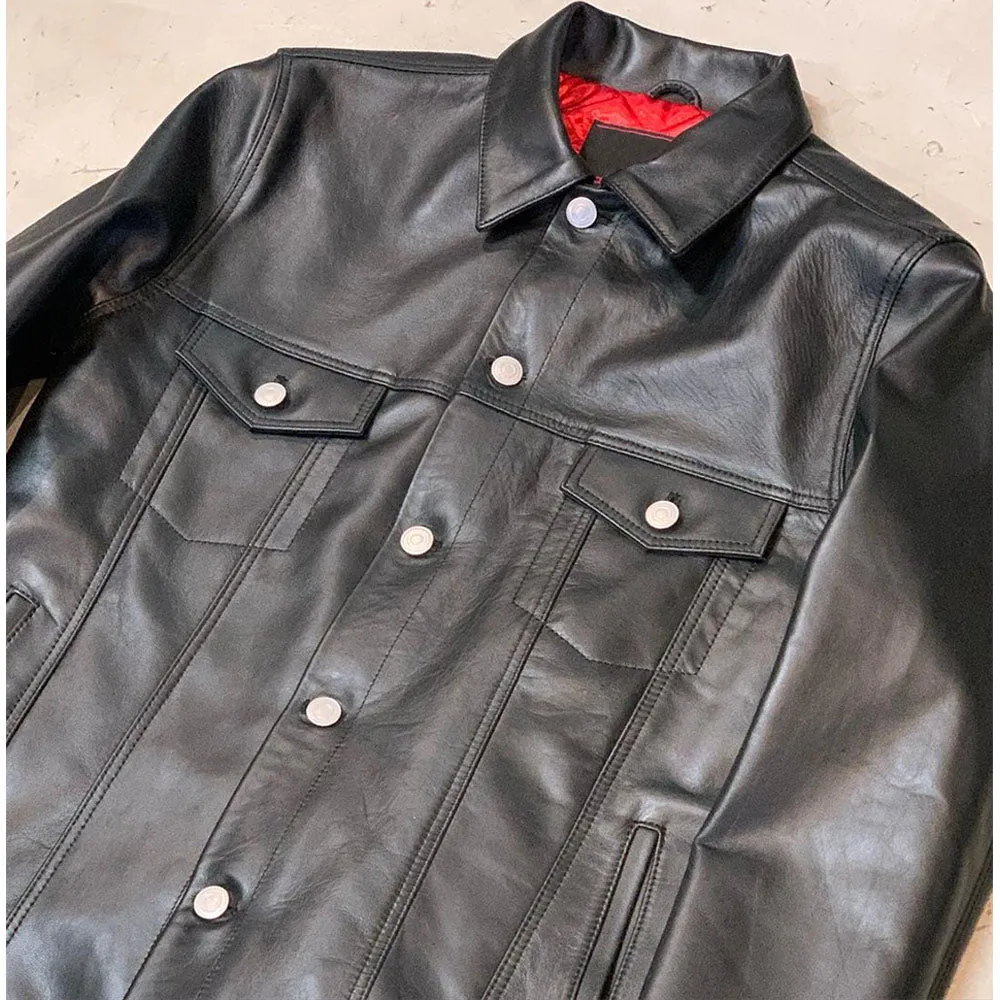 Black Stylish Trucker Slim fit Leather Jacket Men by TJS