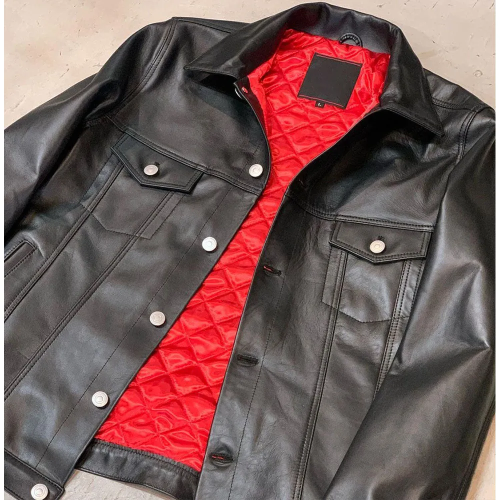 Black Stylish Trucker Slim fit Leather Jacket Men by TJS