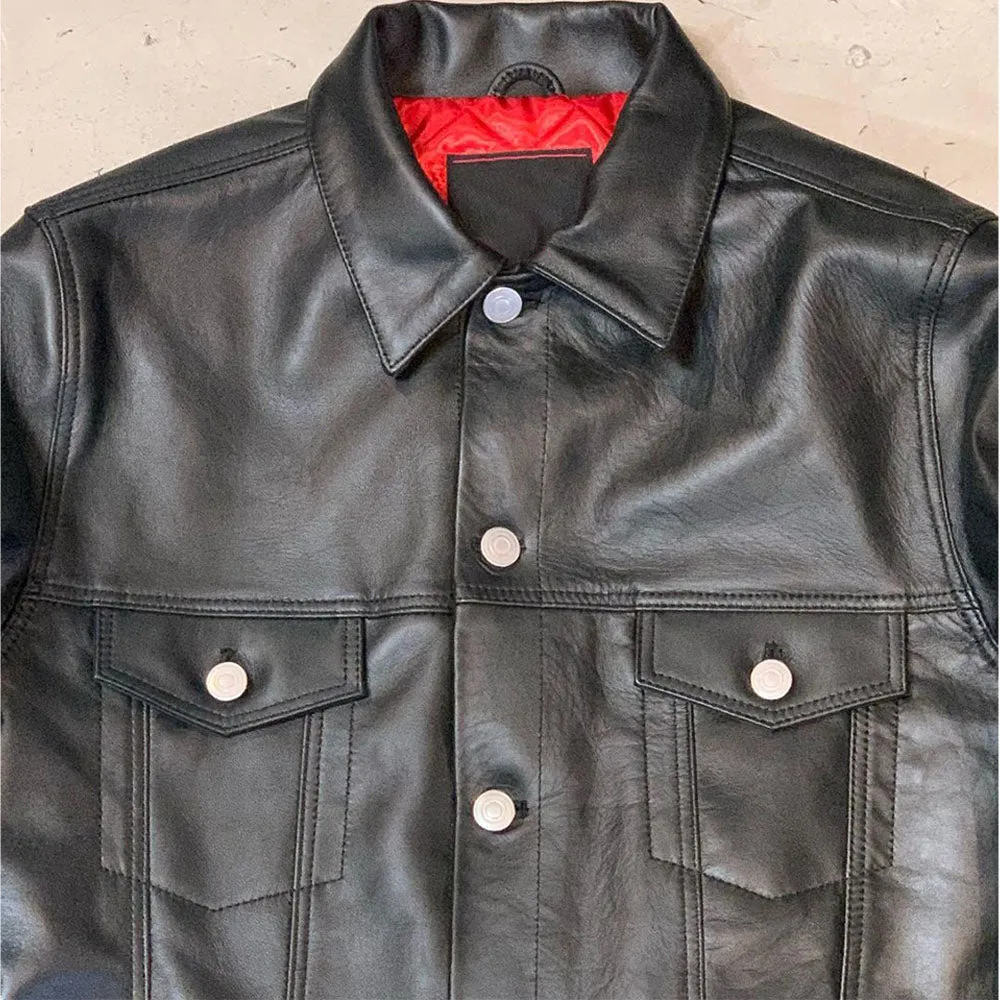Black Stylish Trucker Slim fit Leather Jacket Men by TJS