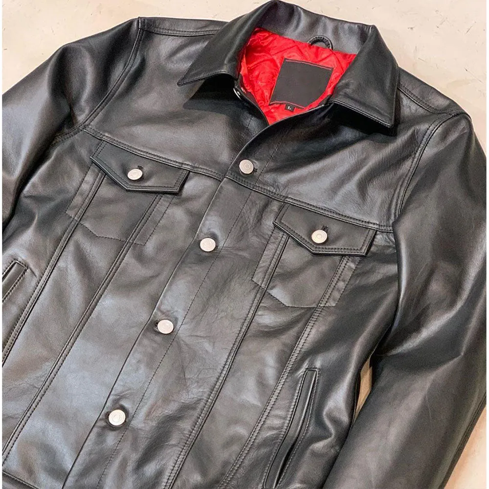 Black Stylish Trucker Slim fit Leather Jacket Men by TJS