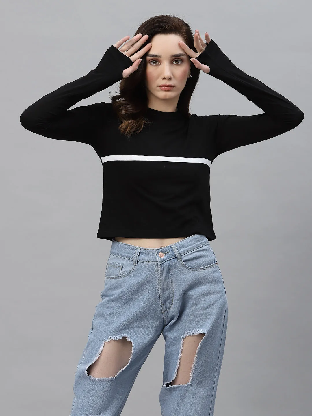 Black With Contrast Detail Round Neck Thumbhole Crop Top
