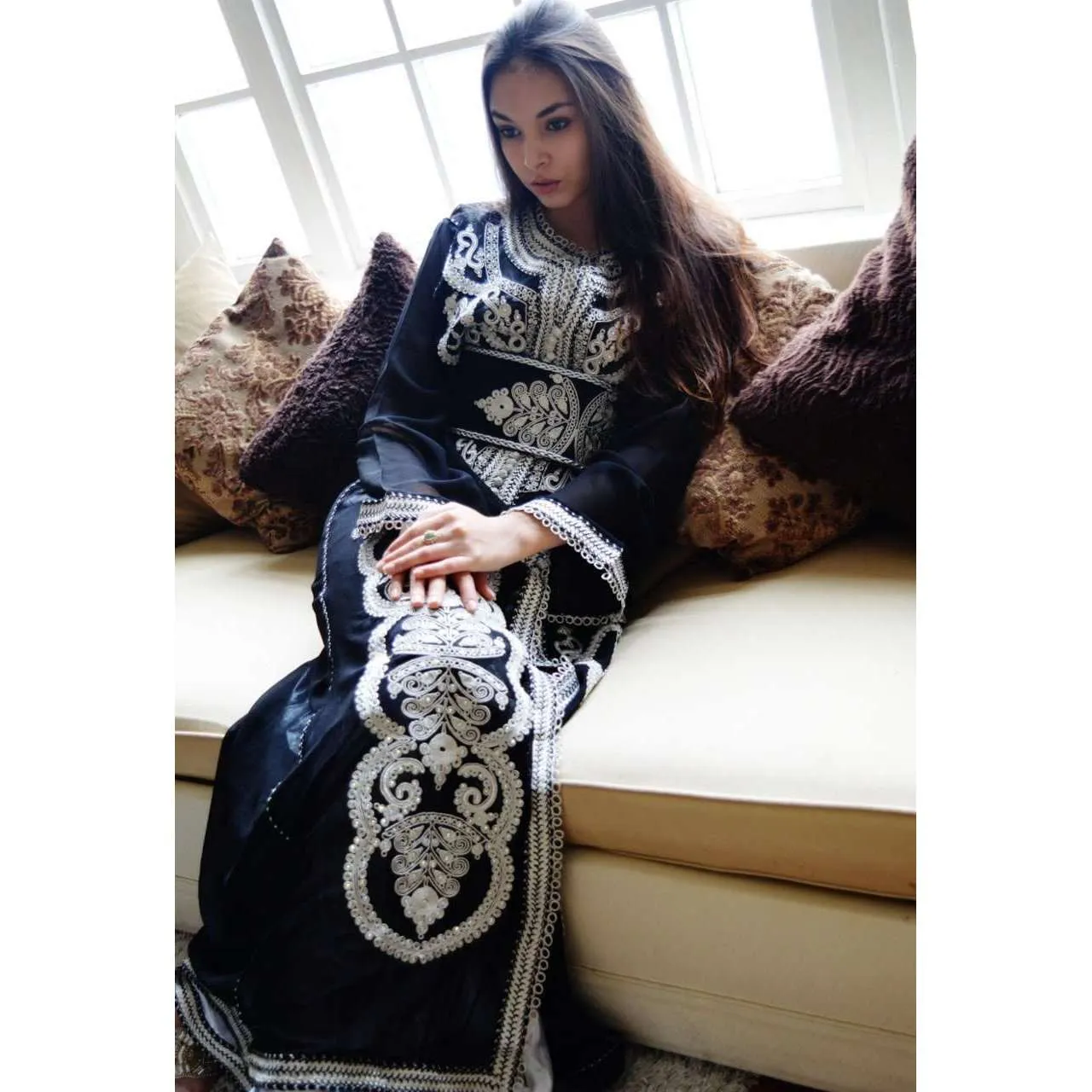 Black with White Moroccan Takchita Party Kaftan-Kalia Style