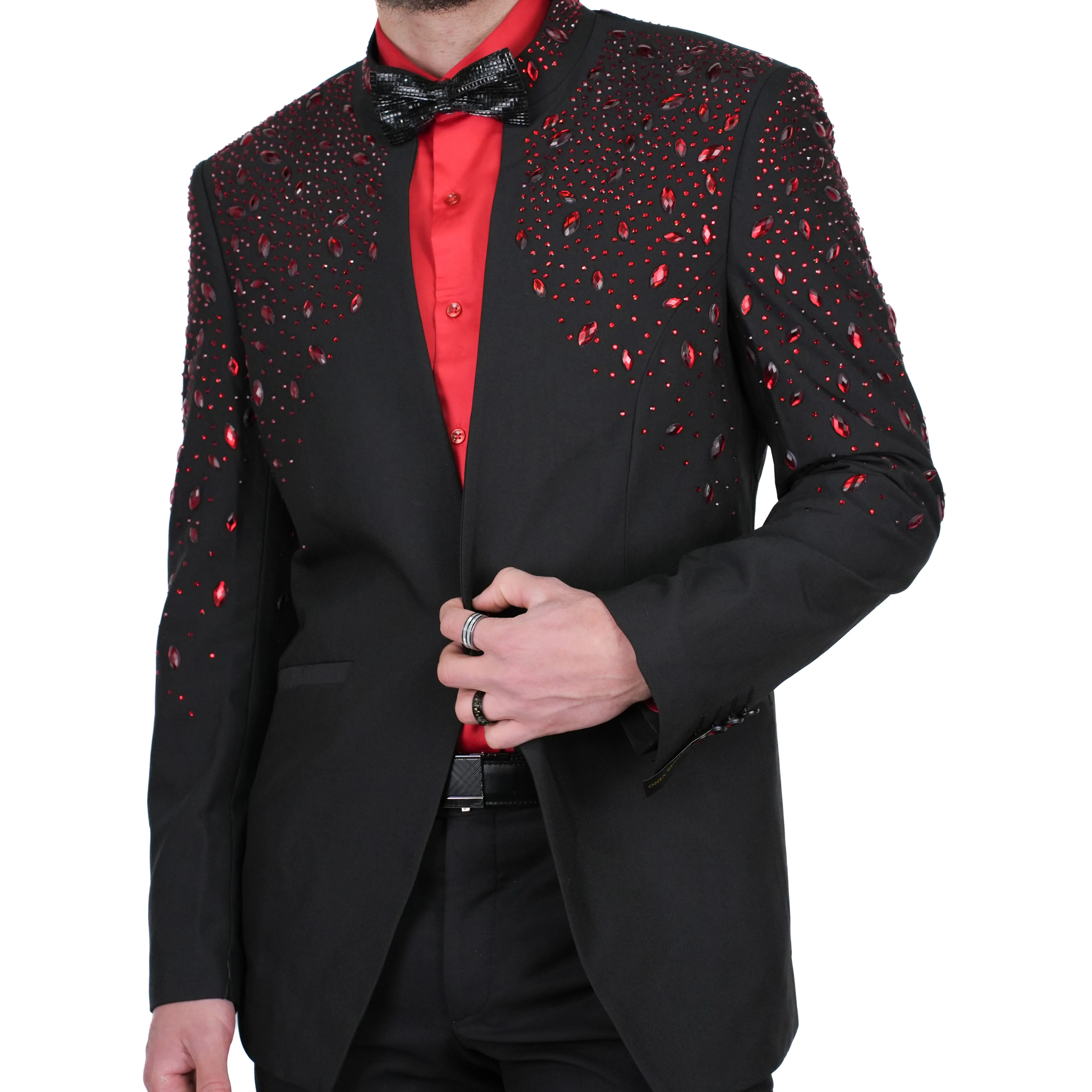 Black/Red Avanti Milano Mandarin Collar Bejeweled Dinner Jacket