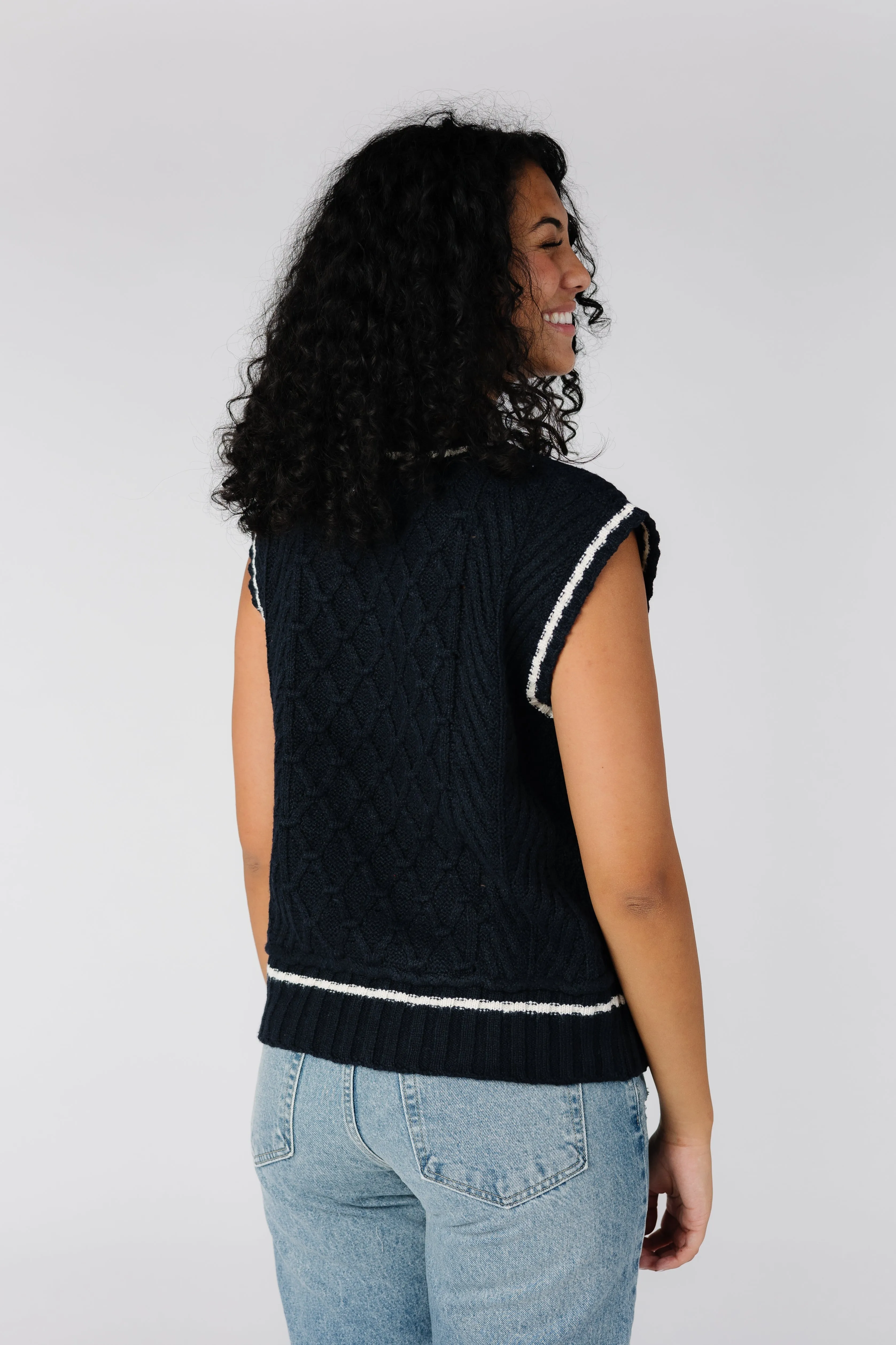 Cable Knit Varsity Sweater Vest