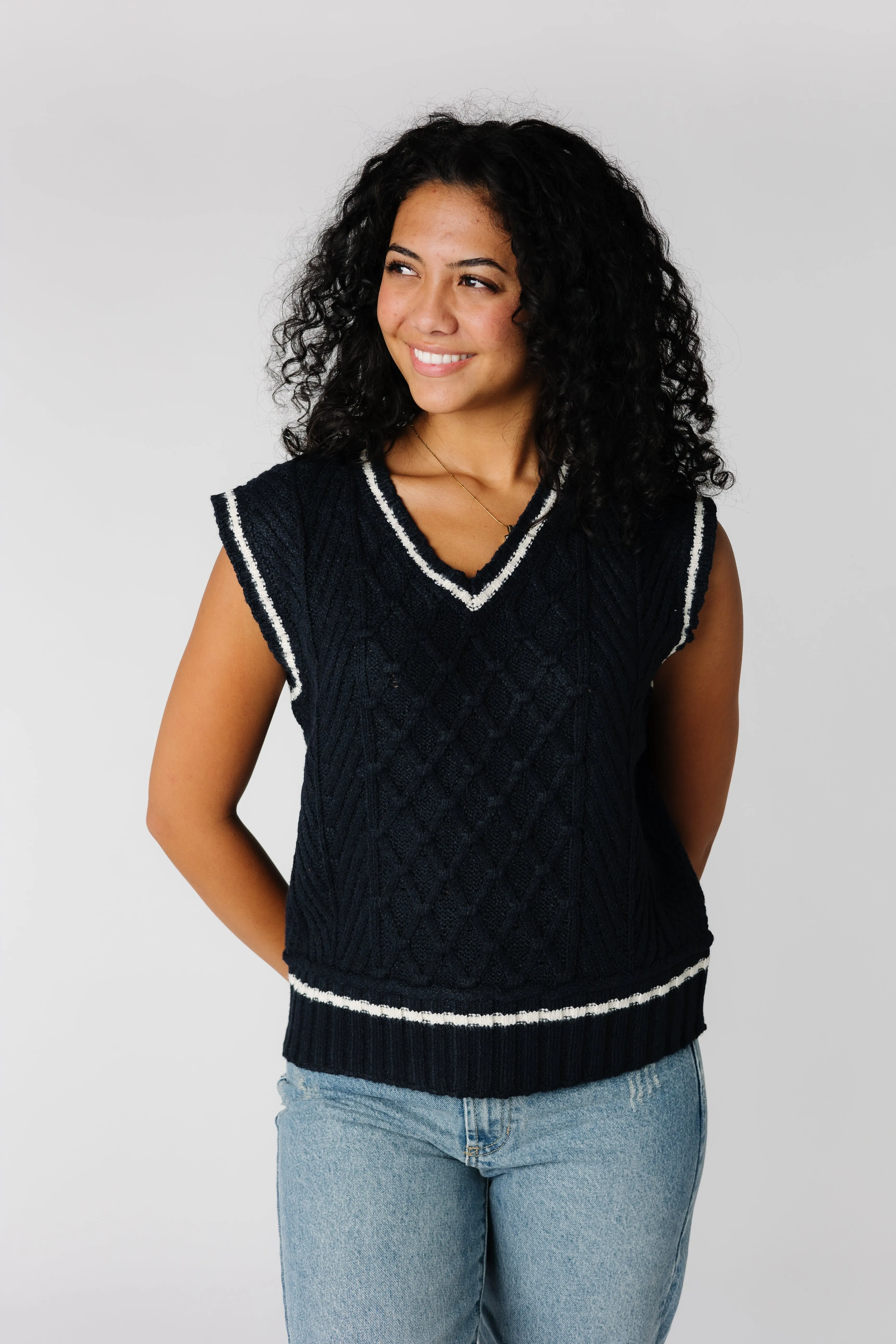 Cable Knit Varsity Sweater Vest