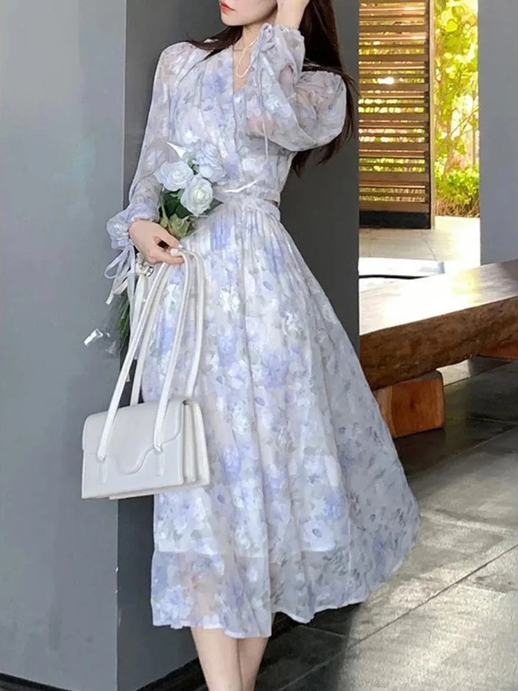 Girlary Fashion New Elegant Lace Up Women Dress Vintage Korean Fashion Floral Chiffon Long Sleeve Dresses Woman Spring Summer