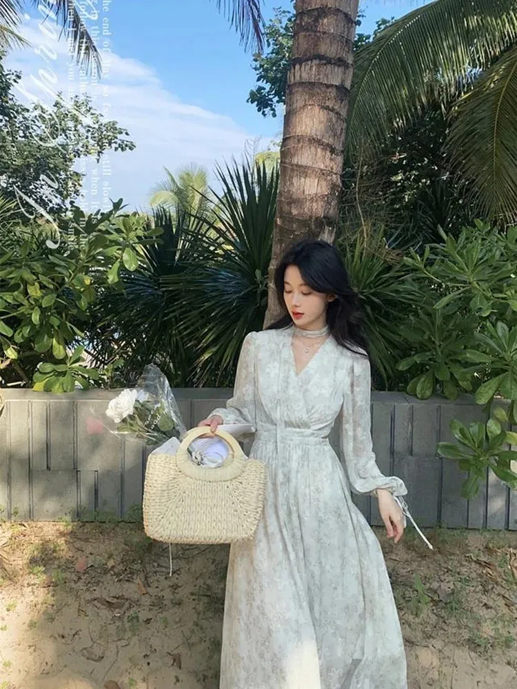 Girlary Fashion New Elegant Lace Up Women Dress Vintage Korean Fashion Floral Chiffon Long Sleeve Dresses Woman Spring Summer