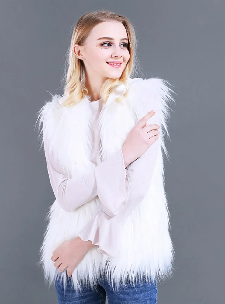 Hooded Vest Long Hair Faux Fur Coat Belt Led Lamp