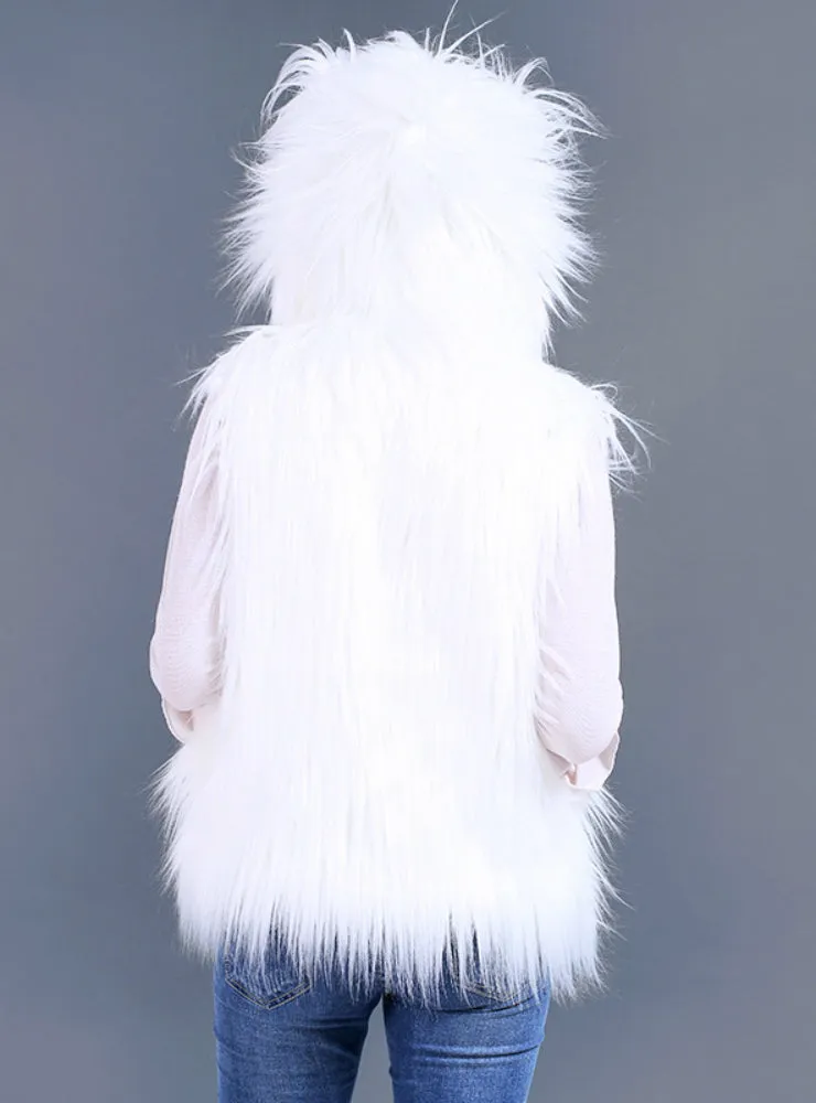 Hooded Vest Long Hair Faux Fur Coat Belt Led Lamp