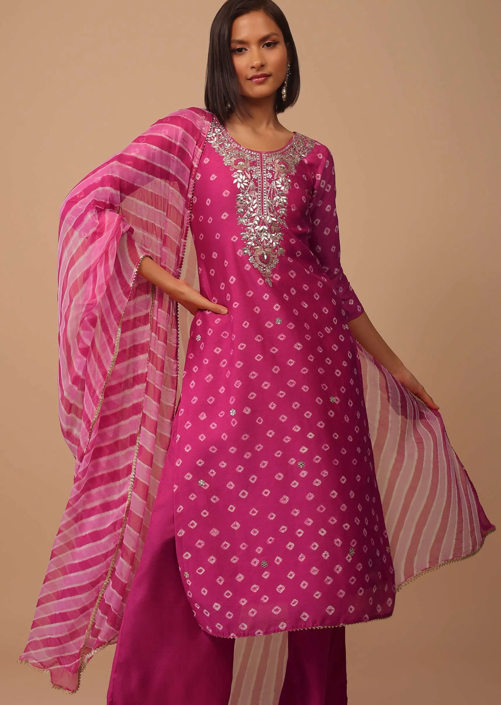 Hot Pink Embroidered Bandhani Printed Chanderi Palazzo Suit With Leheriya Dupatta