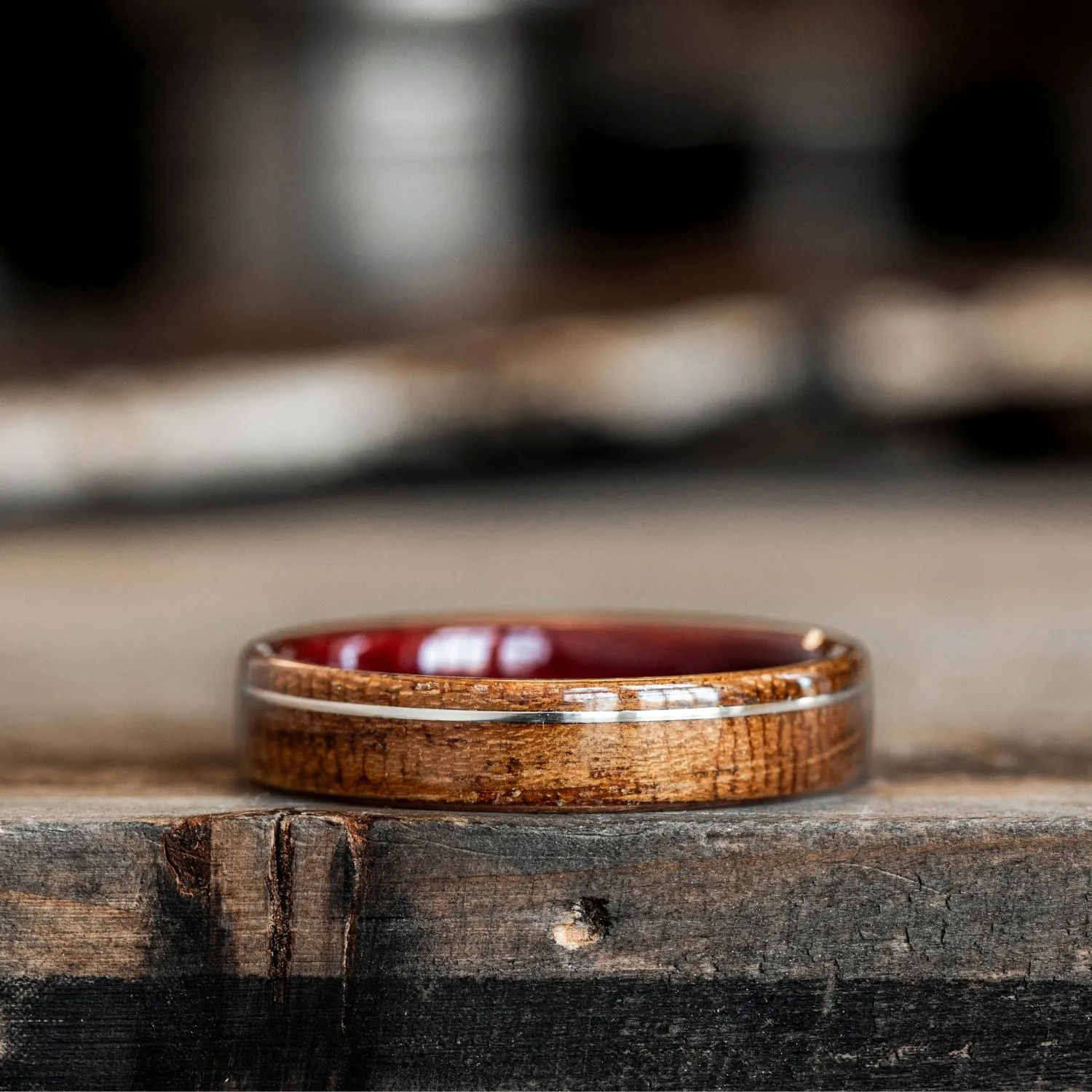 (In-Stock) The USS New Jersey Teak Wooden Ring - Bloodwood Edition - White Gold - Size 14 | 6mm Wide