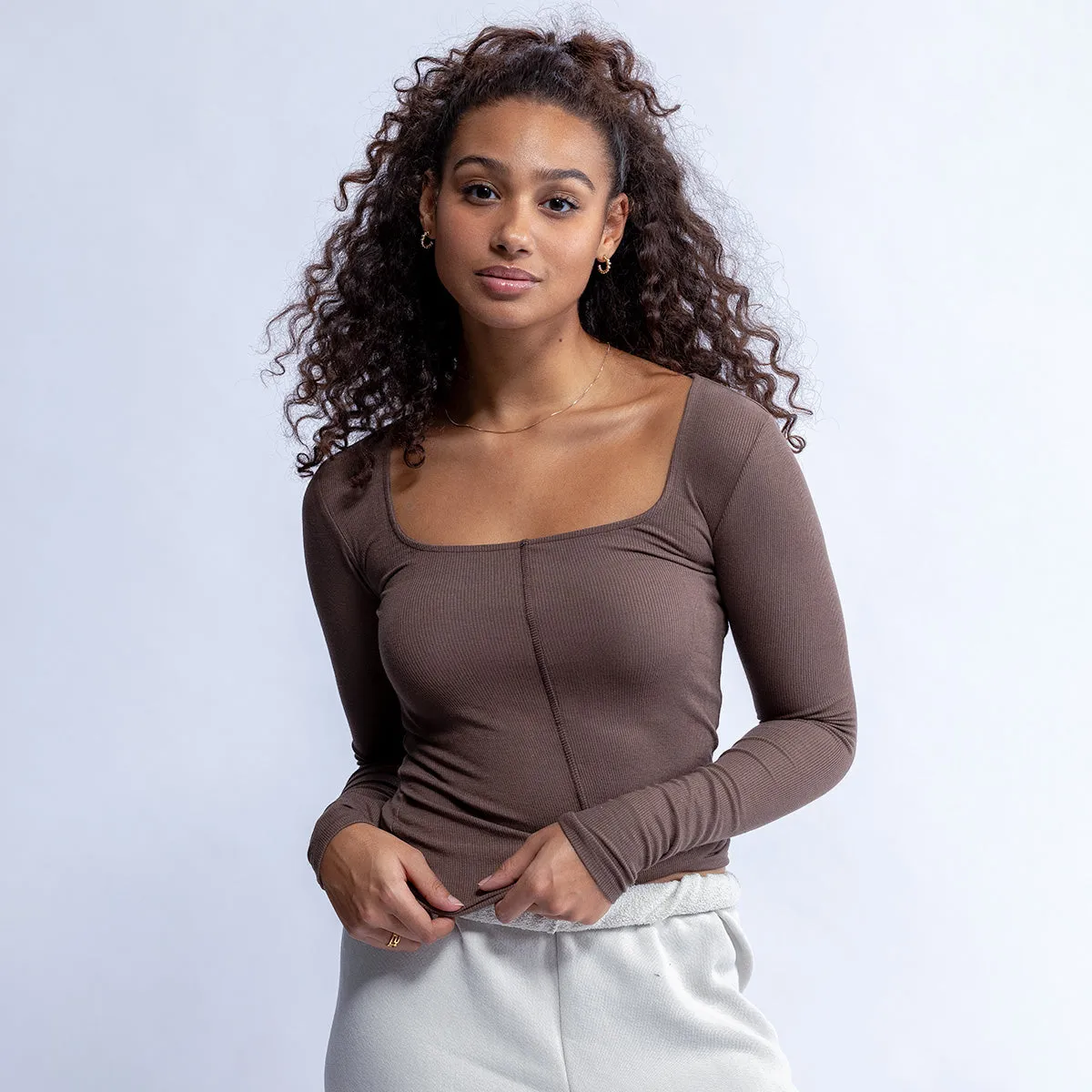 Brown Classic Scoop Long Sleeve Shirt by Joah Brown