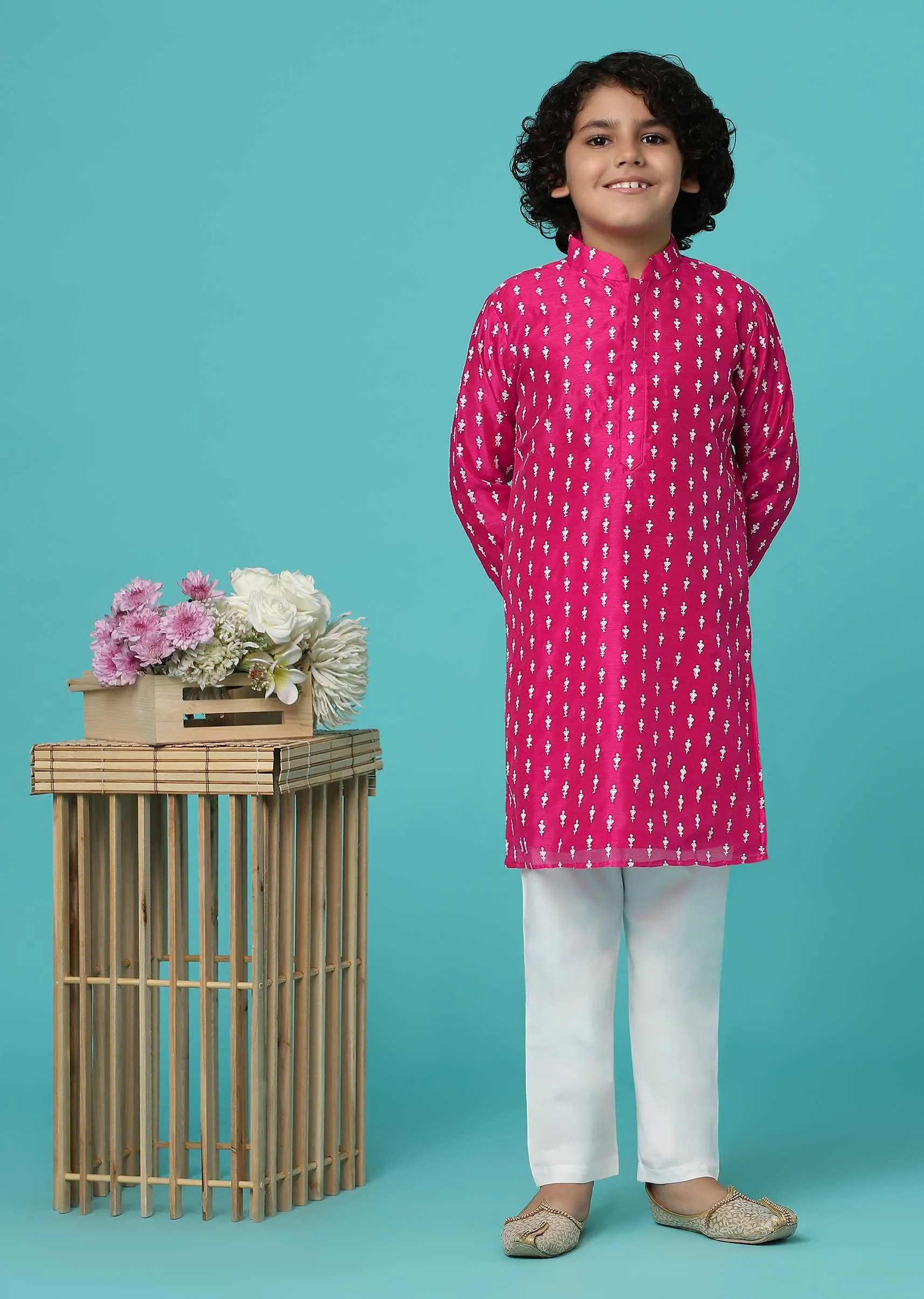 KALKI Hot Pink Kurta Set With Threadwork For Boys