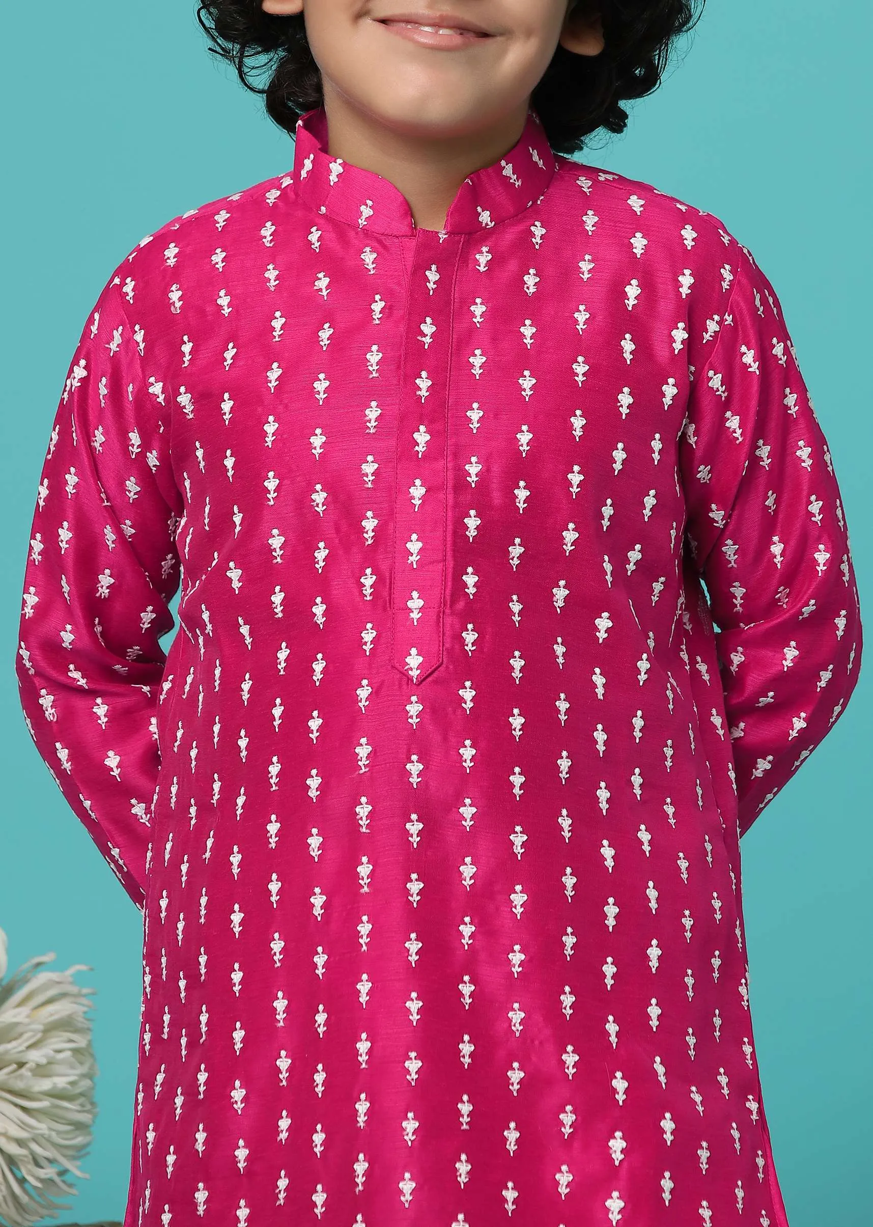 KALKI Hot Pink Kurta Set With Threadwork For Boys