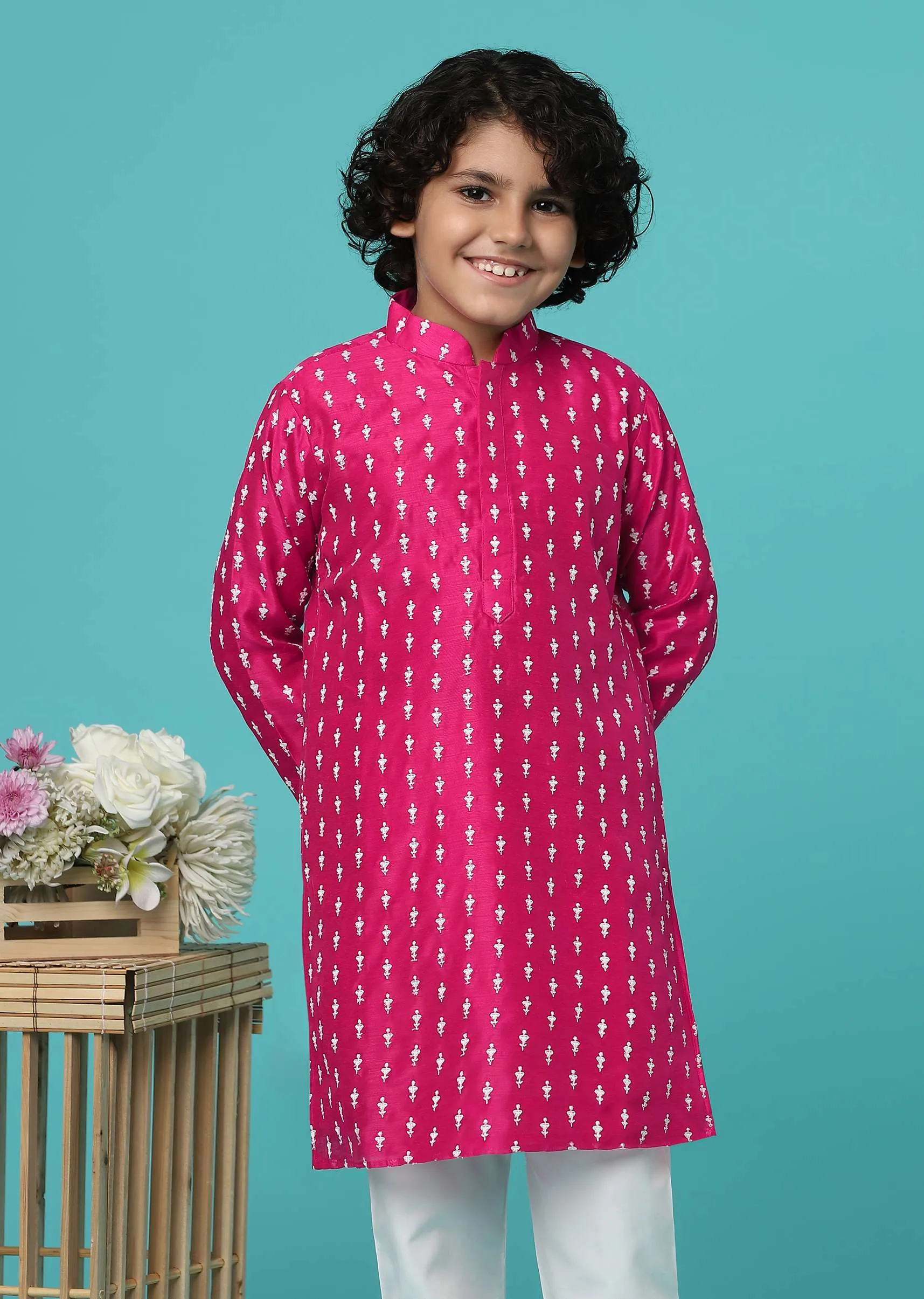 KALKI Hot Pink Kurta Set With Threadwork For Boys