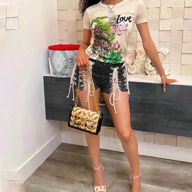 Laced High Waist Jeans Shorts For Women Wholesale
