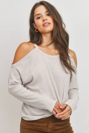 light taupe cold shoulder waffle long sleeve
