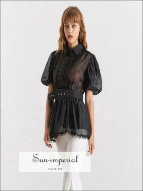 Lisa top - Black and White Elegant Sheer Belted Women Blouse Lapel Collar Short Puff Sleeve Chiffon
