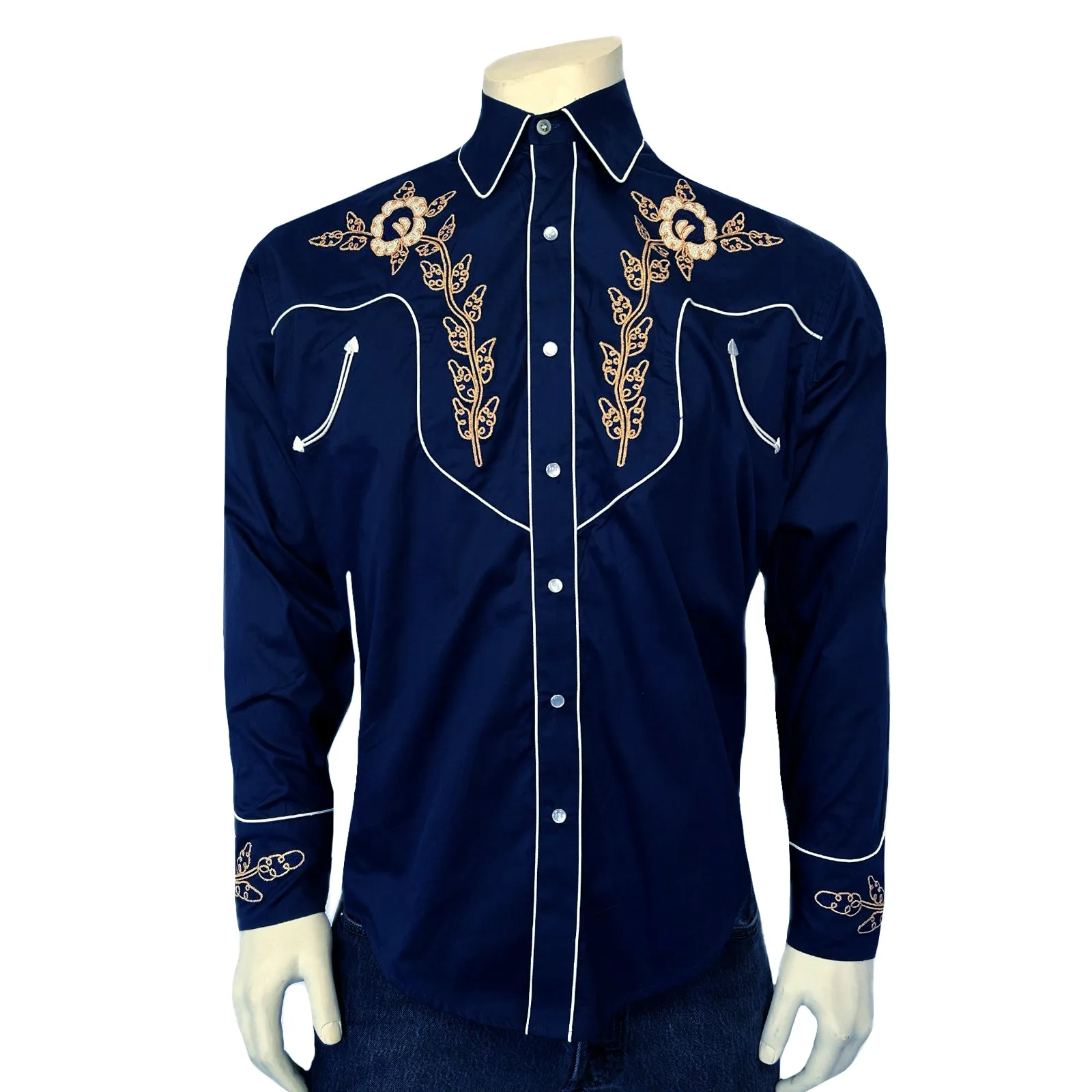 Men's Navy Vintage Floral Embroidered Western Shirt