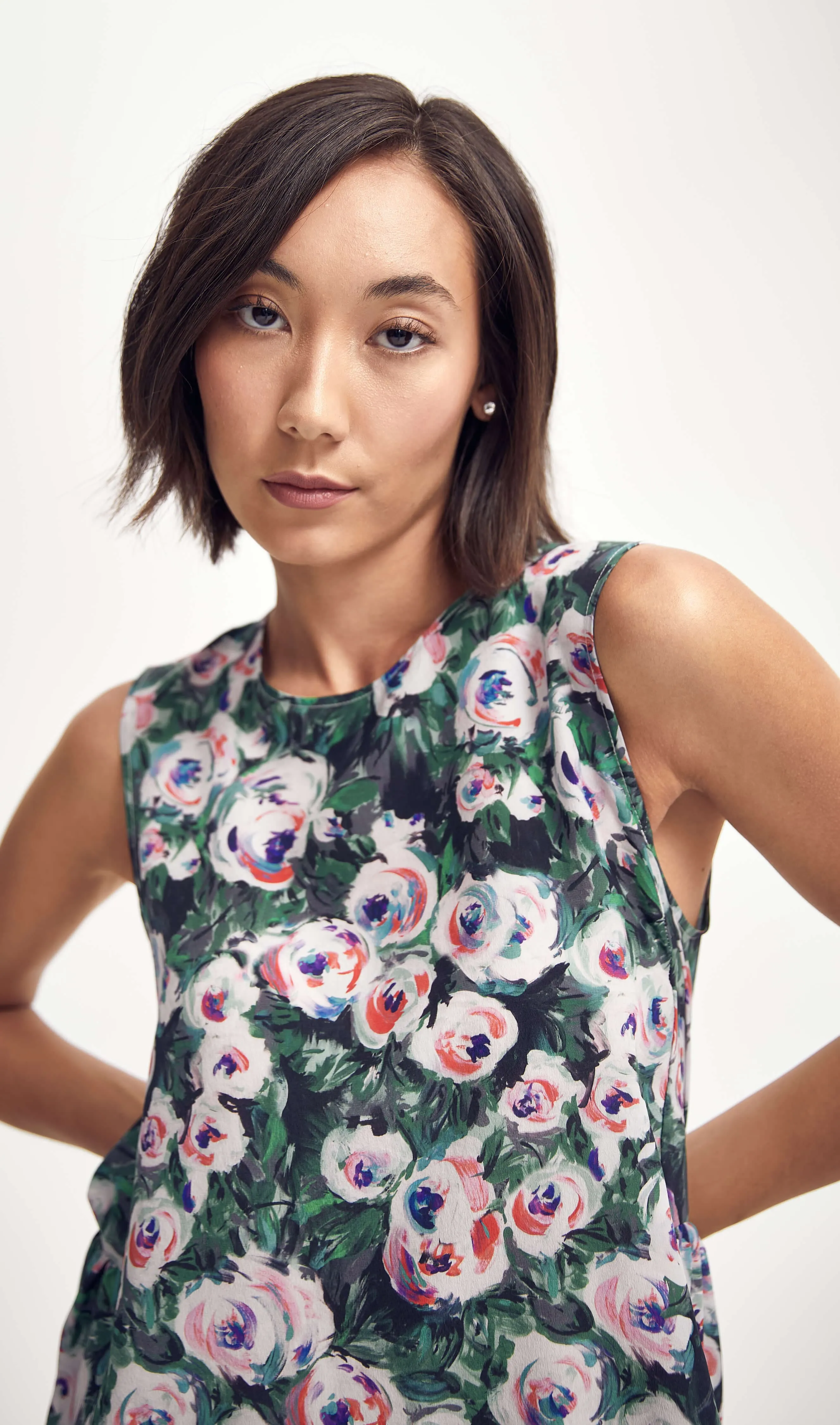 Silk Peplum Top in Pink & Green Peony