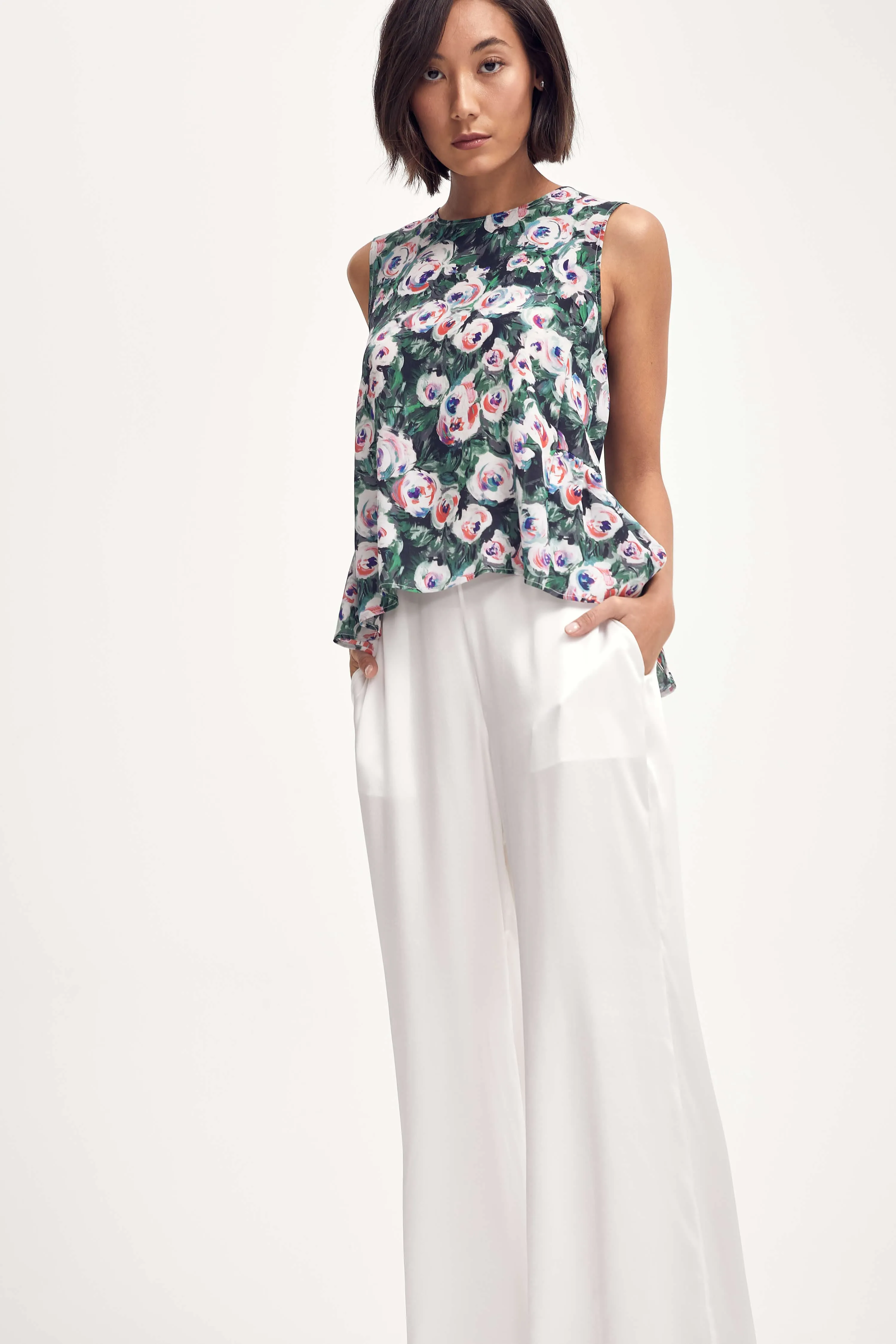 Silk Peplum Top in Pink & Green Peony