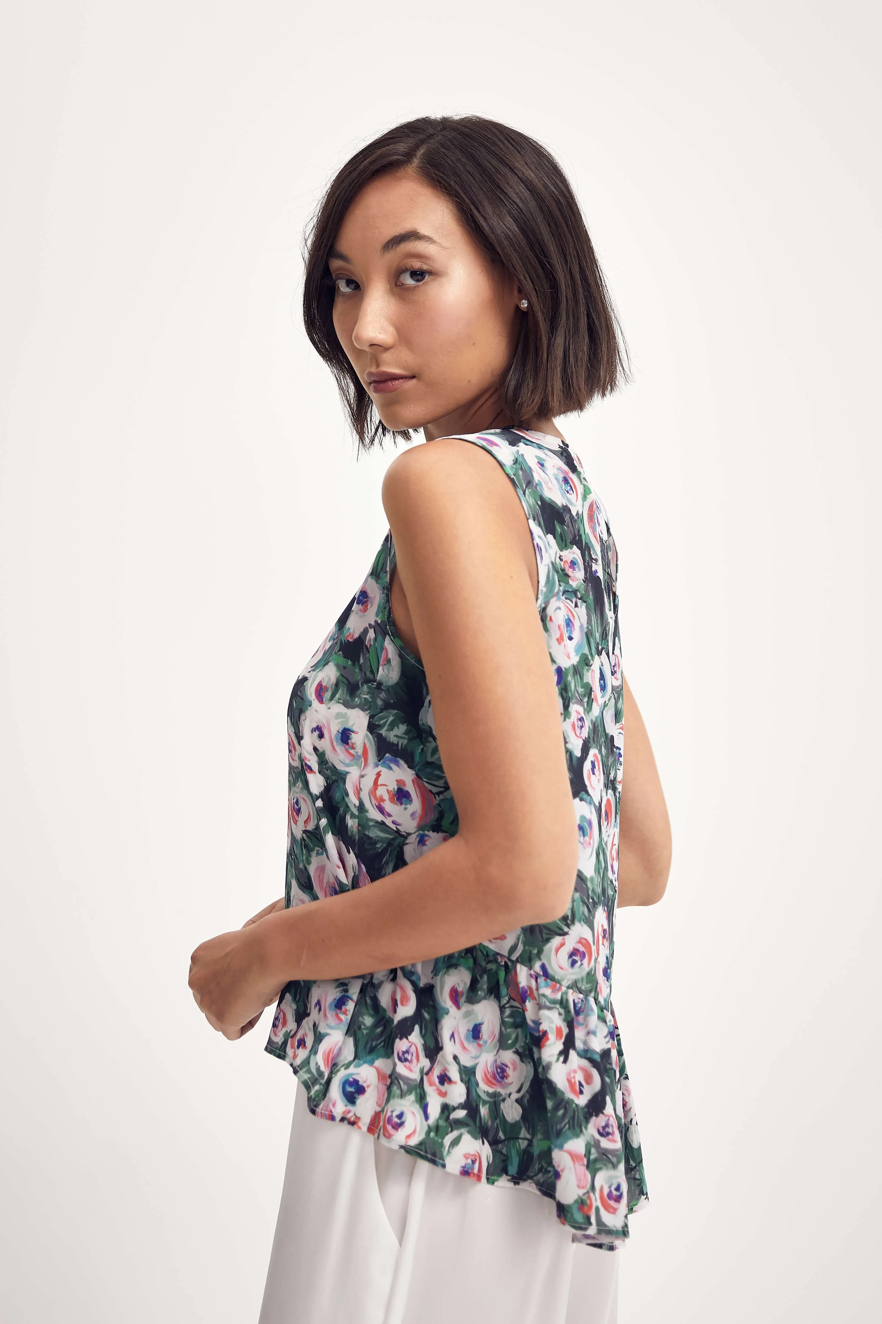 Silk Peplum Top in Pink & Green Peony