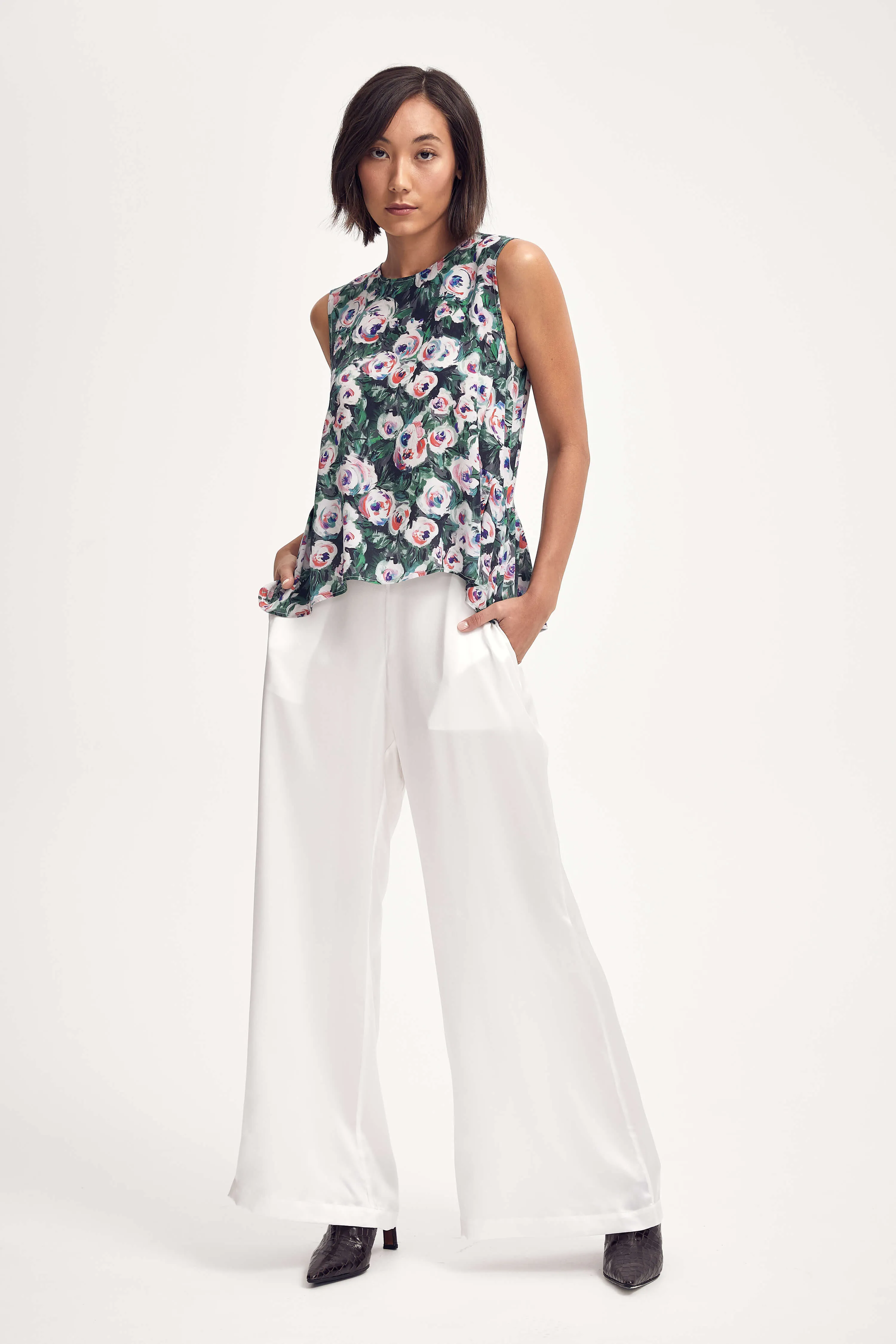 Silk Peplum Top in Pink & Green Peony