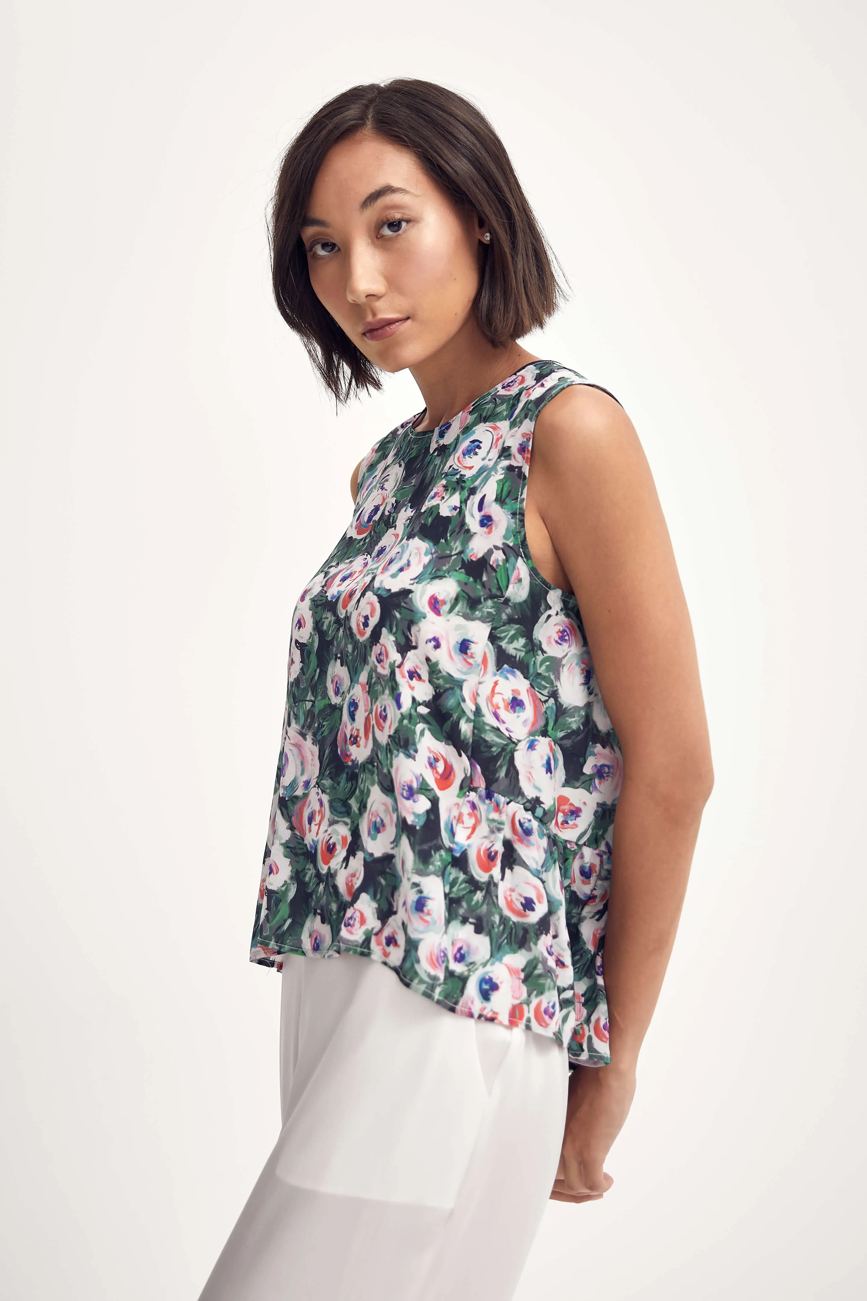 Silk Peplum Top in Pink & Green Peony