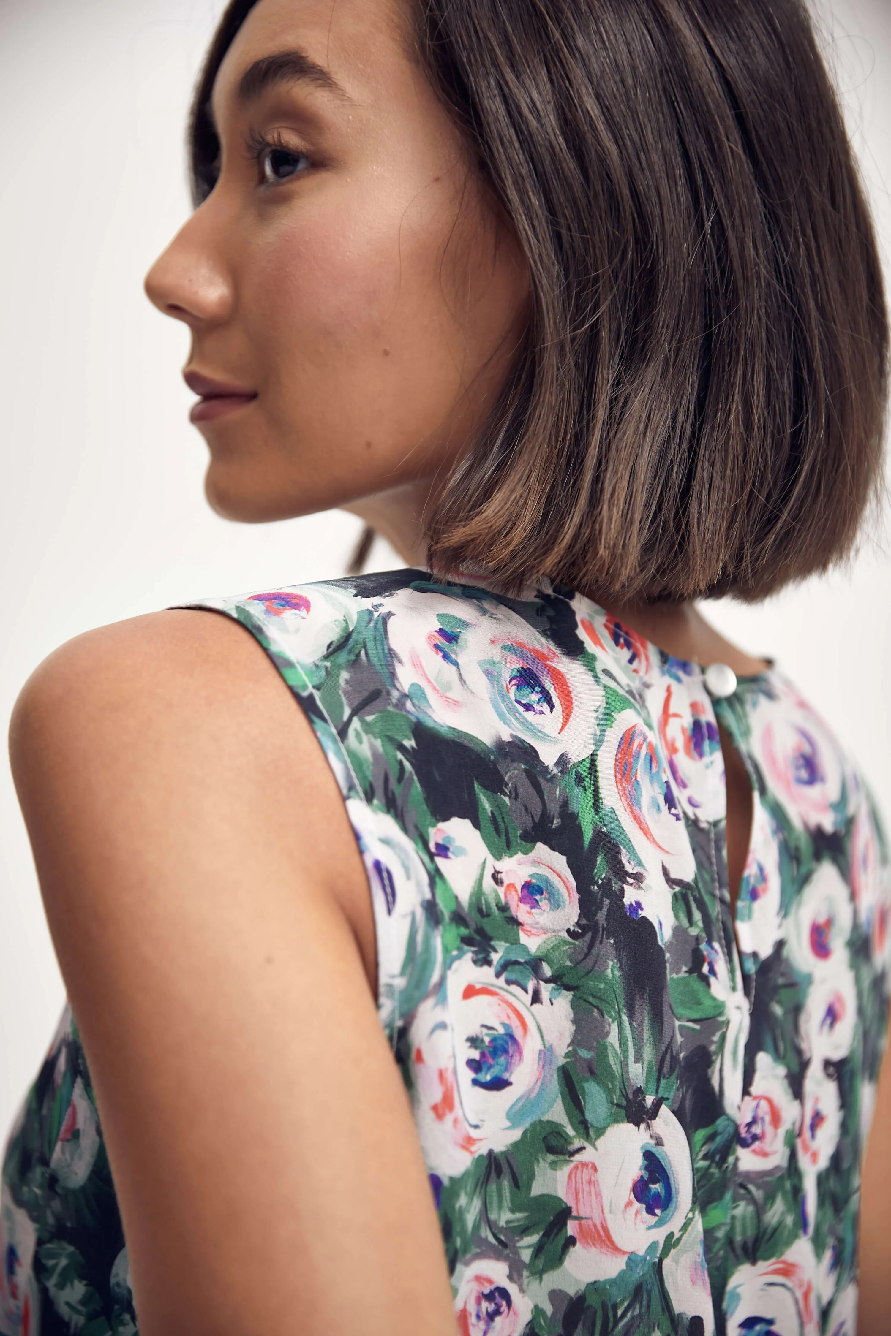 Silk Peplum Top in Pink & Green Peony