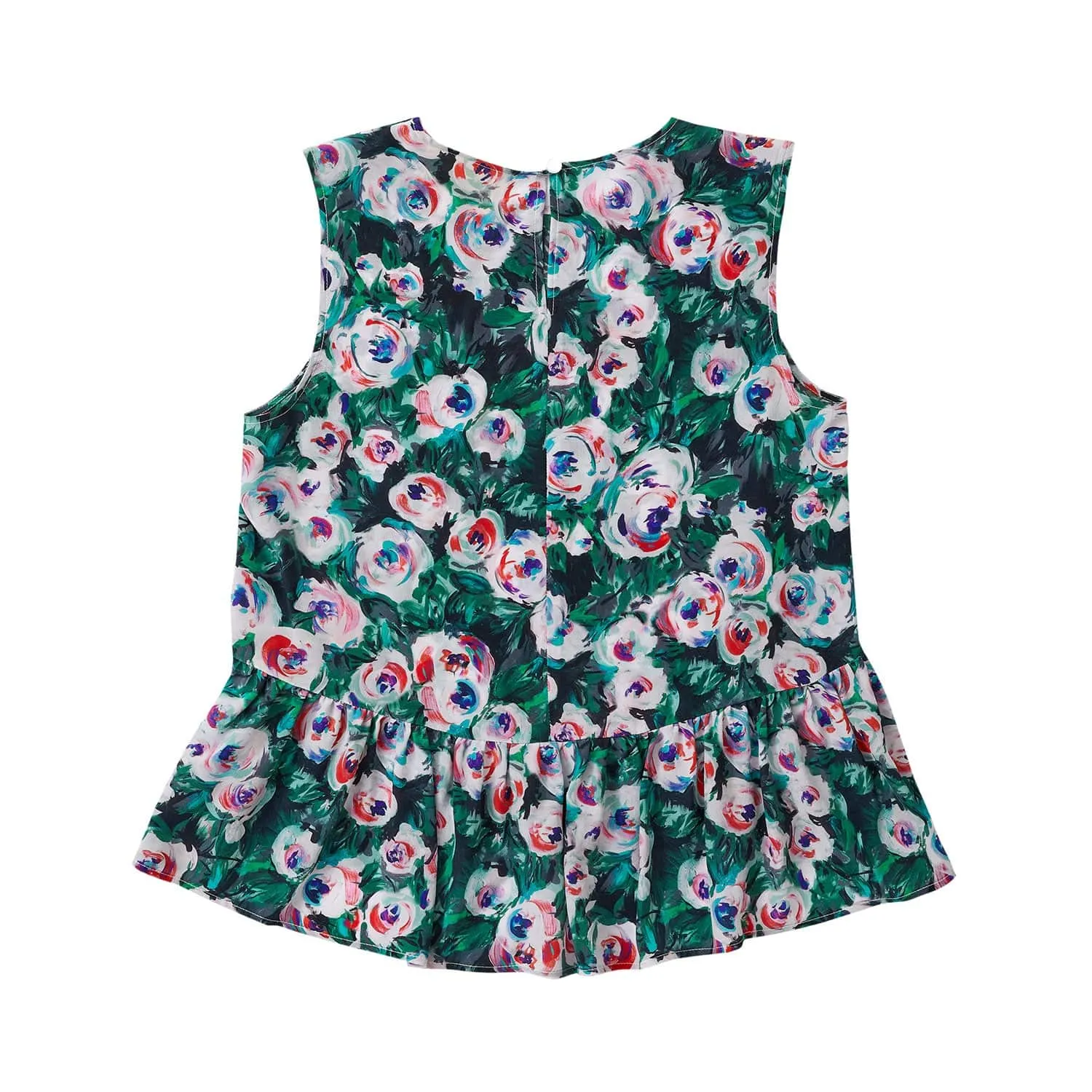 Silk Peplum Top in Pink & Green Peony