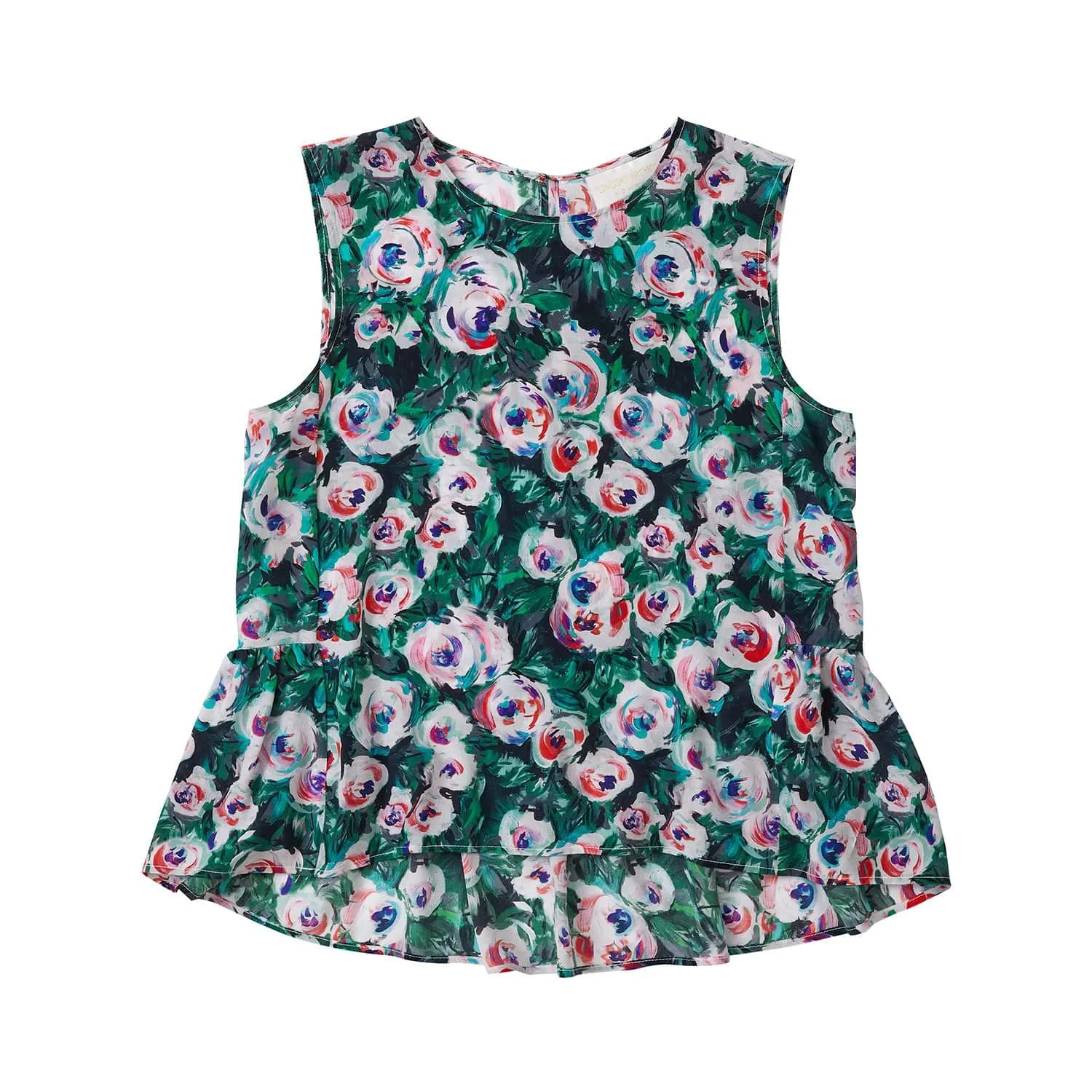 Silk Peplum Top in Pink & Green Peony