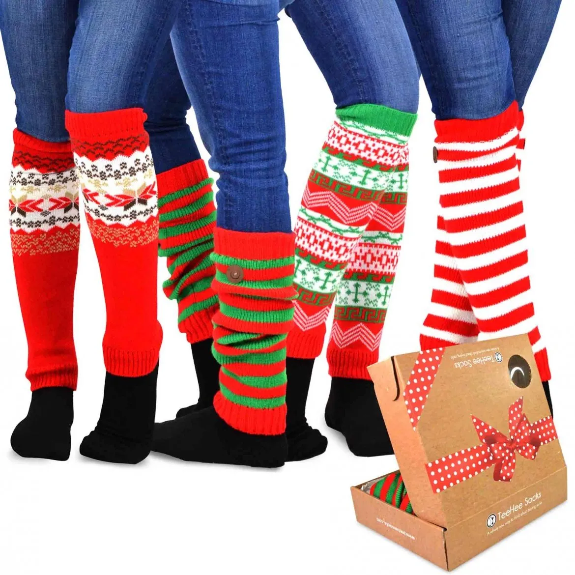 TeeHee Socks Women's Christmas Acrylic Leg Warmer Candy Cane 4-Pack Gift Box (12154)