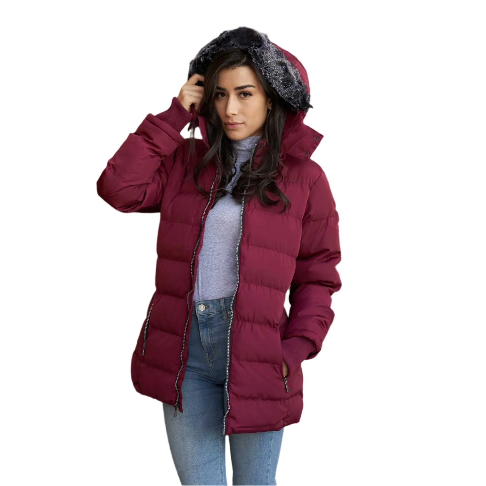 THE WHOLE SHEBANG Women Coat Vegan Down Puffer with Faux-Fur Detachable Hood