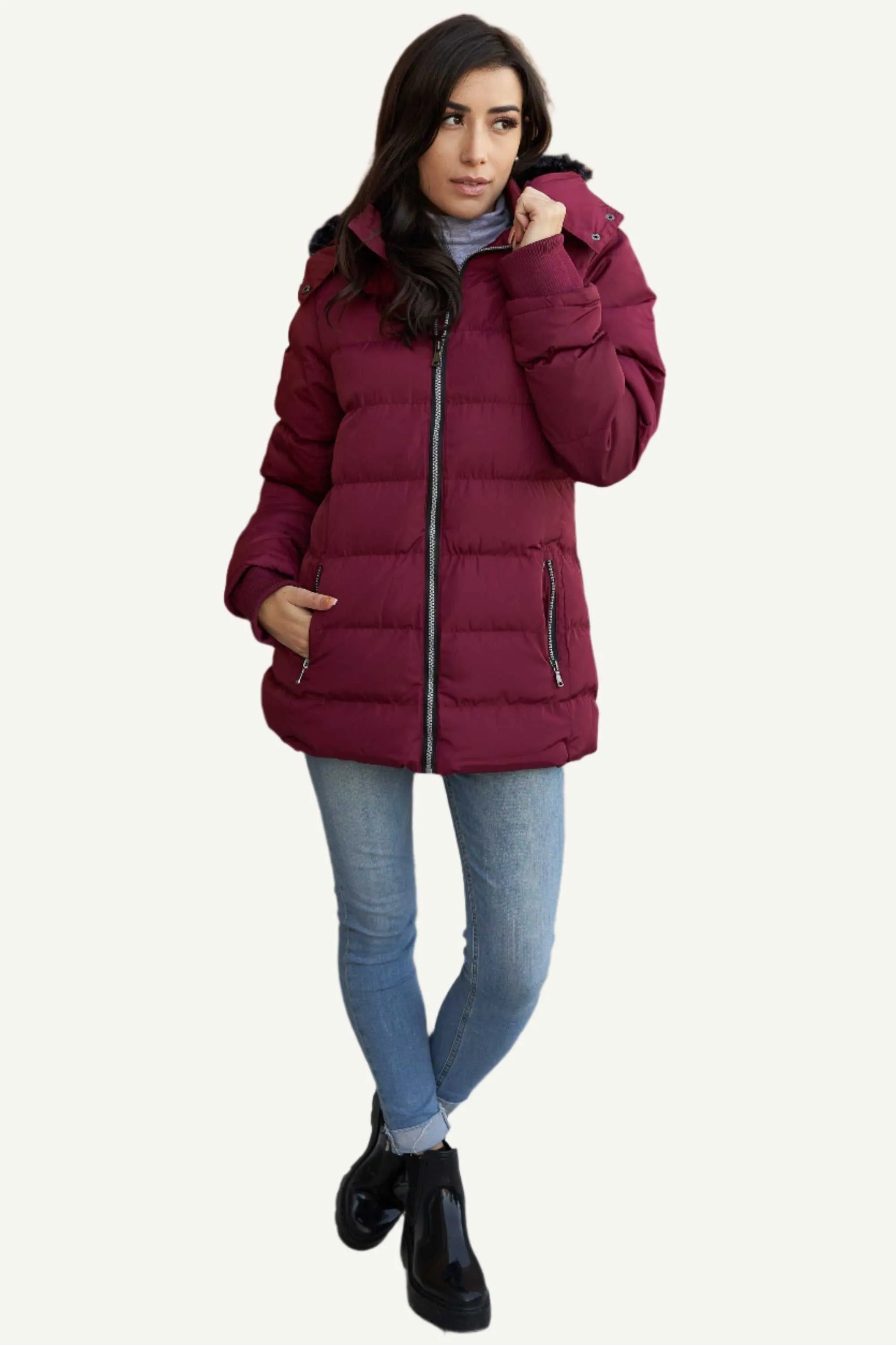 THE WHOLE SHEBANG Women Coat Vegan Down Puffer with Faux-Fur Detachable Hood